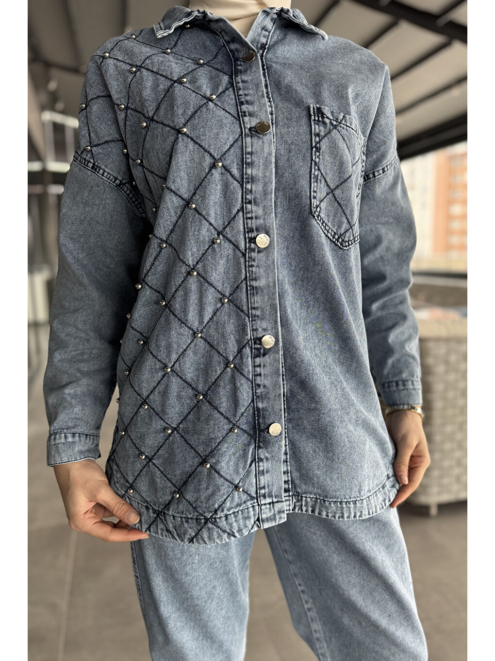 Mavi Kadın Tek Cepli Taş Detaylı Jean Jean Ceket Pantolon Tesettür İkili Takım-4