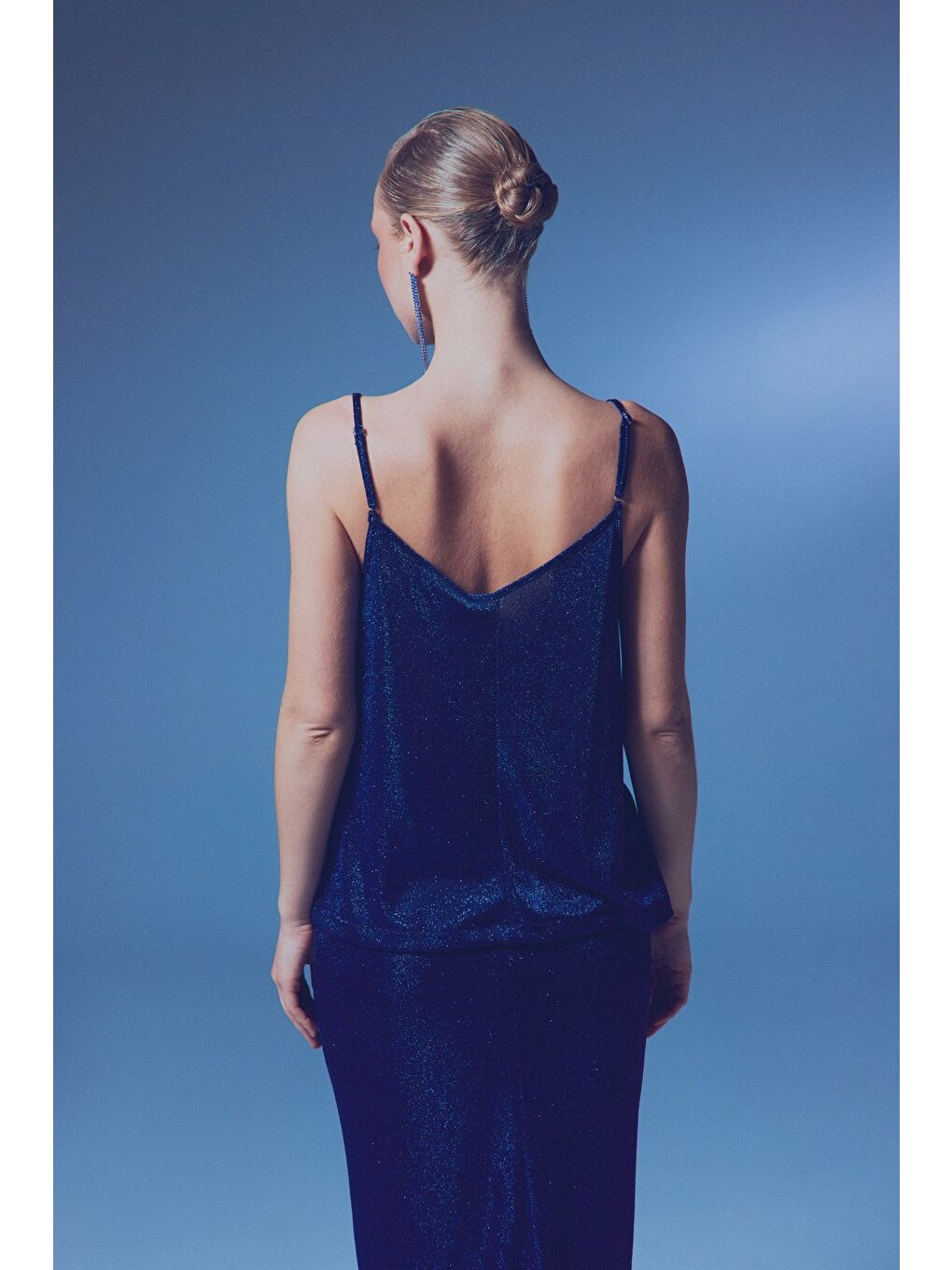 Simli Degaje Yaka Bluz - Sax Mavi-5