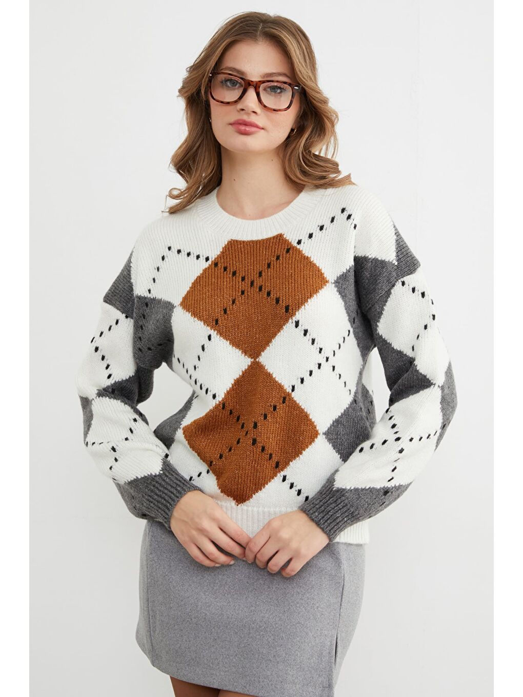 Antrasit Baklava Desenli Bisiklet Yaka Triko Kazak-4