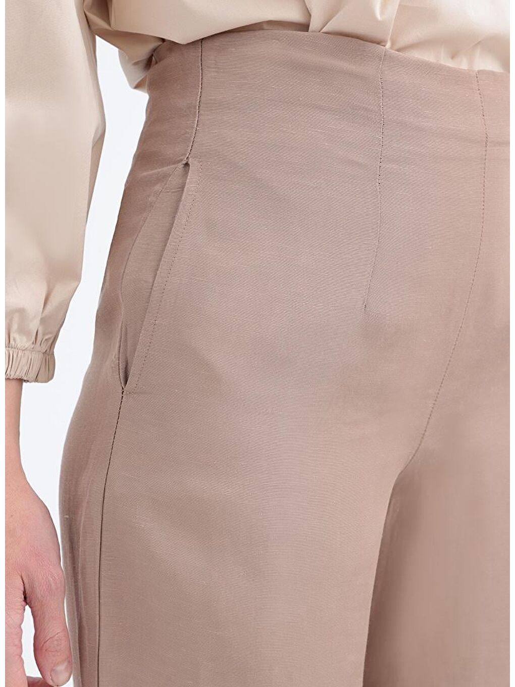 Bej Vizon-Bol Paça Keten Pantolon-4