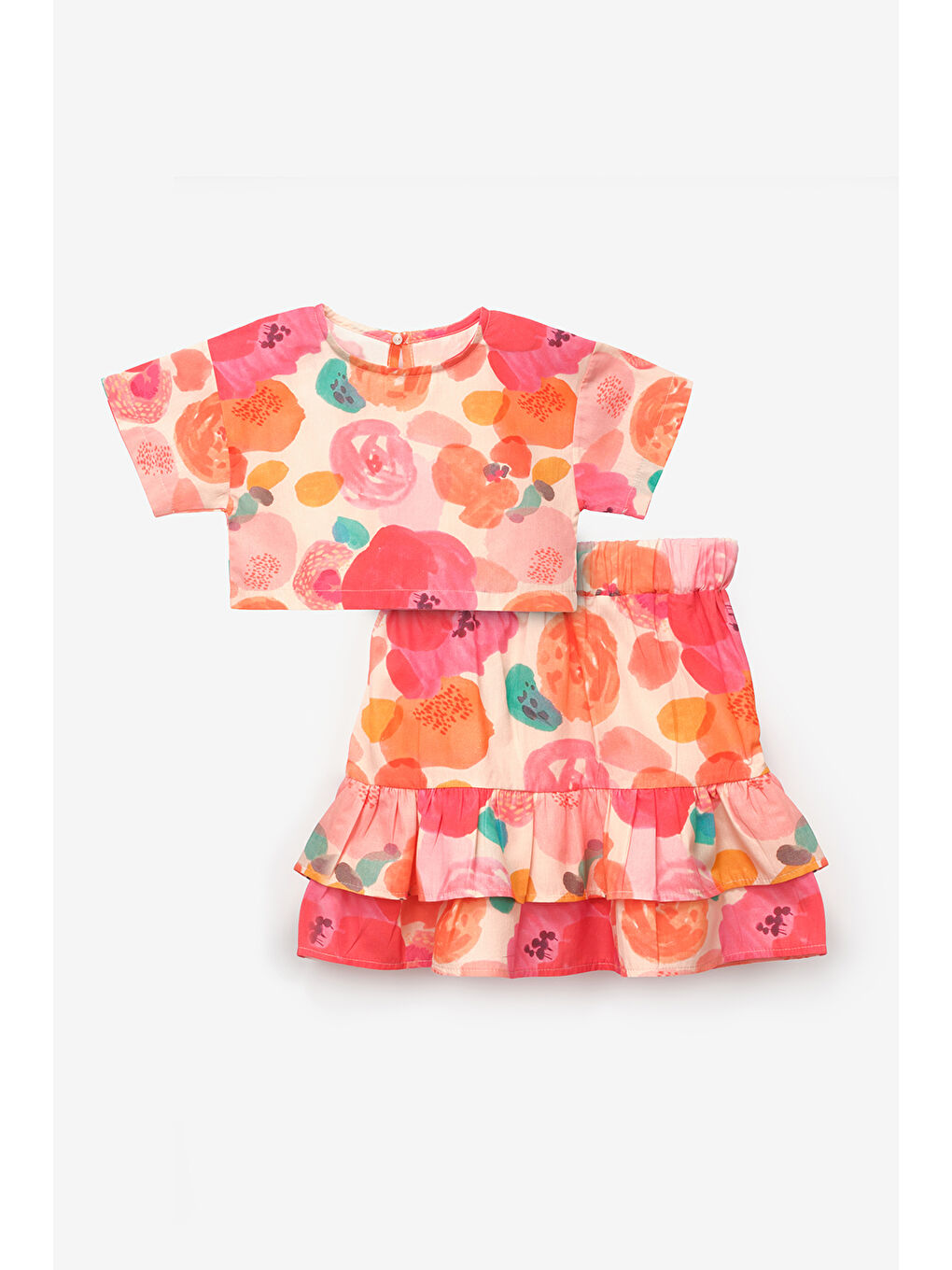 Pembe Pudra Çiçek Desenli Kız Çocuk Etek Crop Takım - Lavinia-4