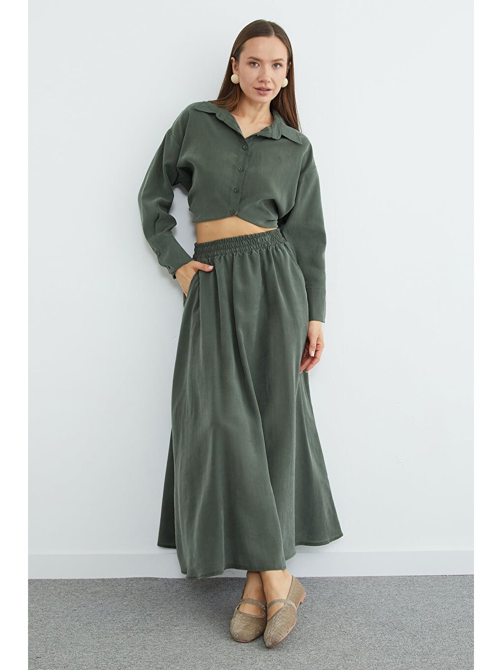 Haki Beli Lastikli Cepli Maxi Boy Etek