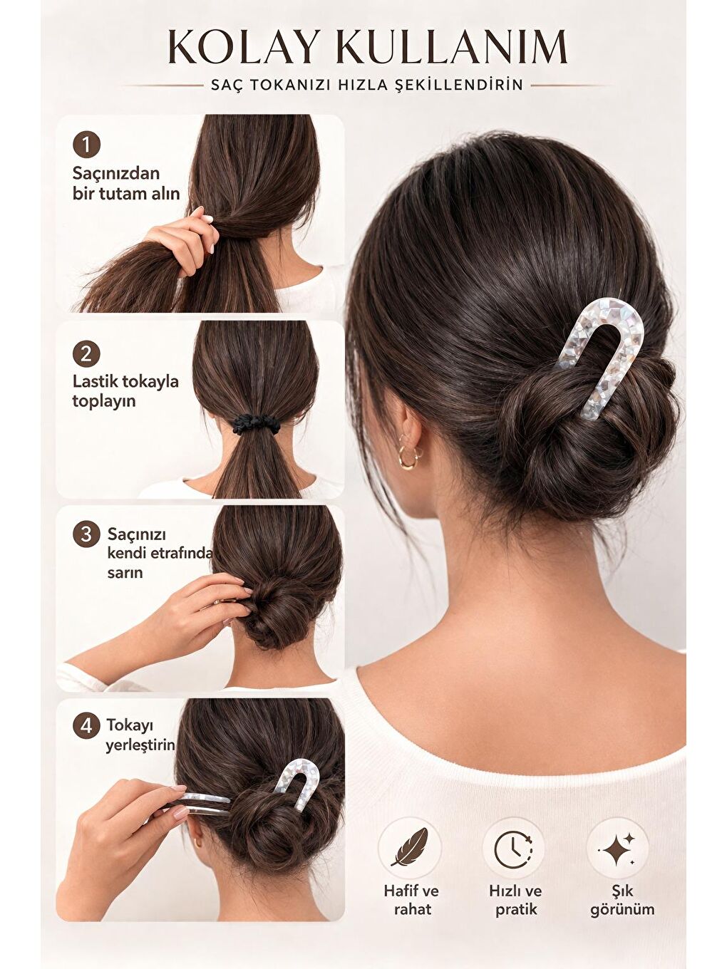 Kahverengi Asetat Lüks U Topuz Tokası-2