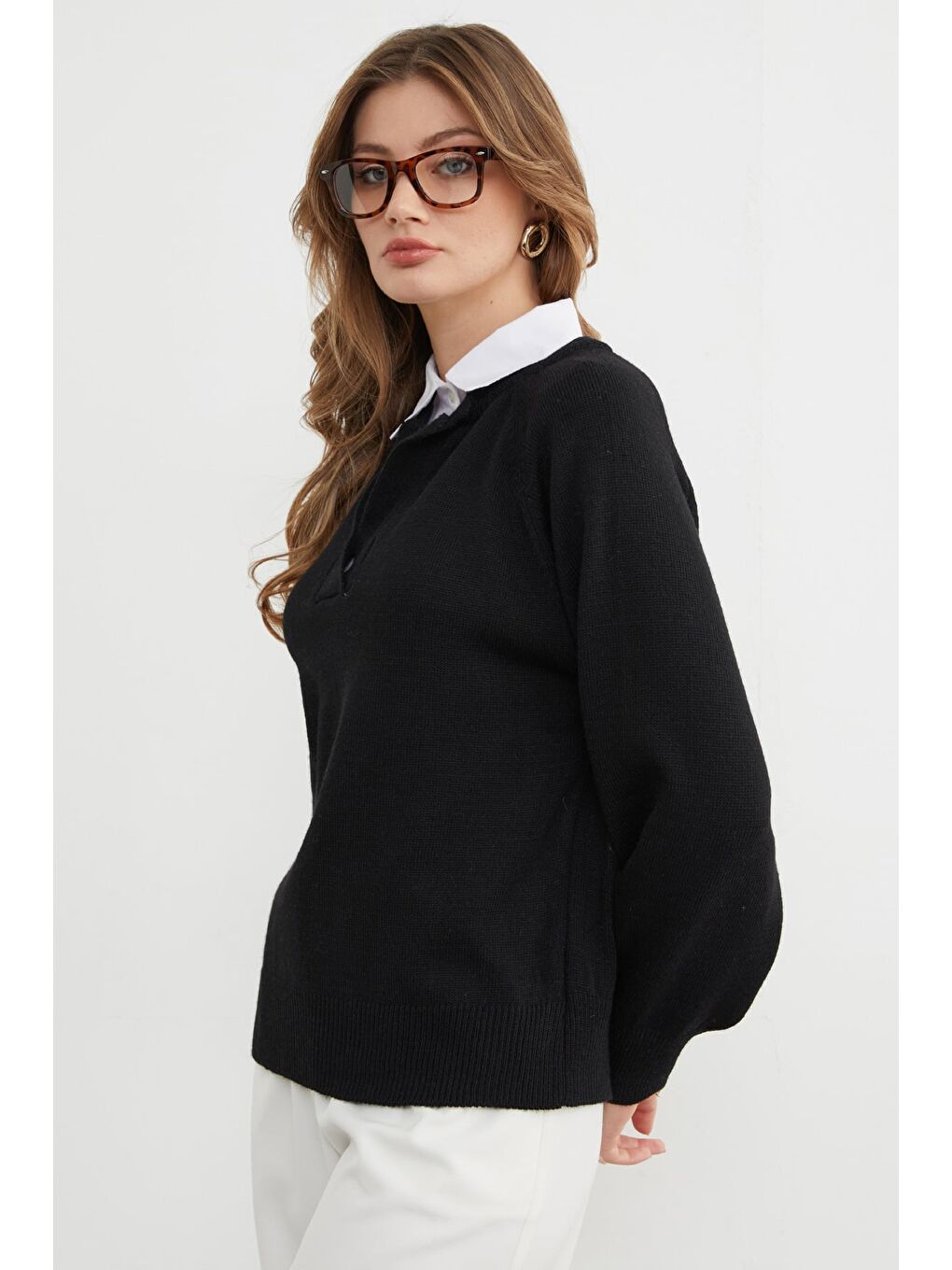 Siyah Basic Gömlek Yaka Triko Kazak-4