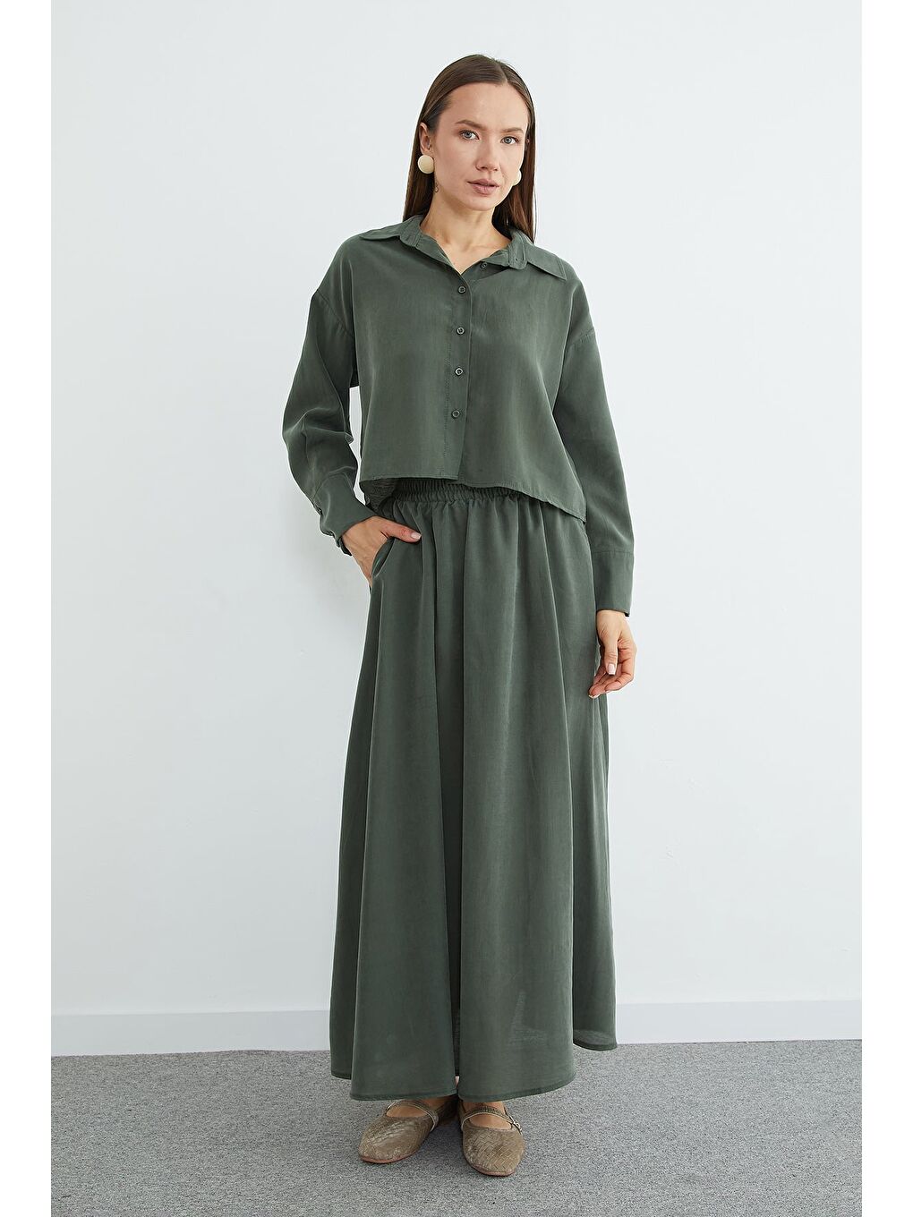 Haki Beli Lastikli Cepli Maxi Boy Etek-1