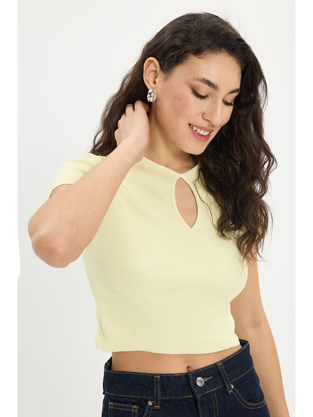 Kadın Slim Fit Dar Kesim %100 Pamuk Kısa Kollu Bisiklet Yaka Yeşil Crop-2