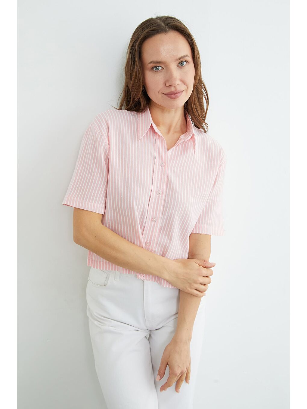 Pembe Çizgili Oversize Crop Gömlek-4