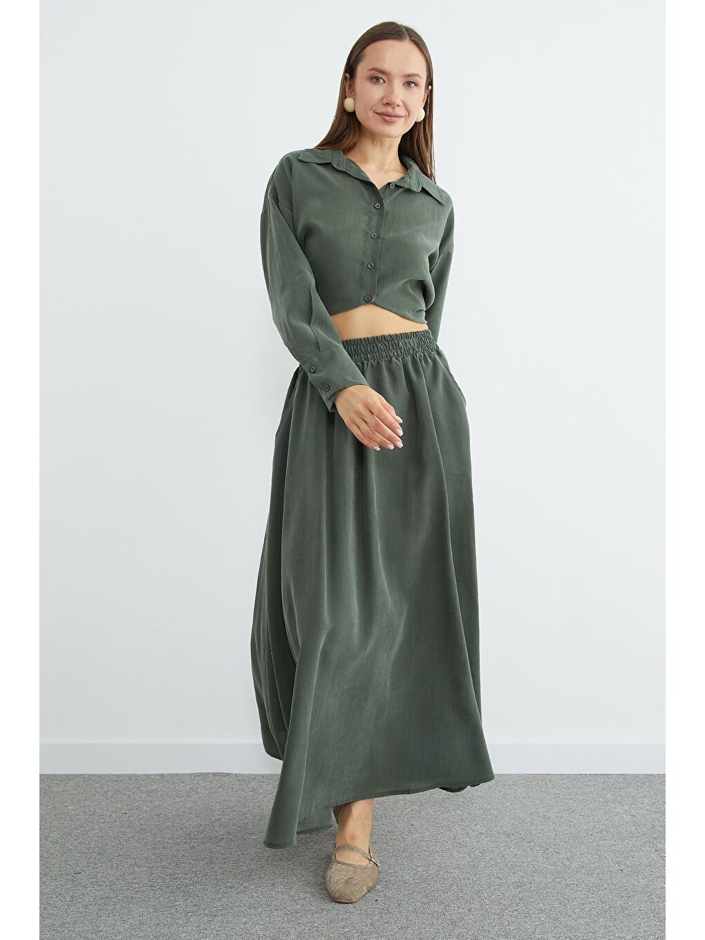 Haki Beli Lastikli Cepli Maxi Boy Etek-3