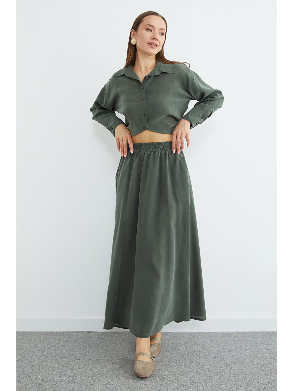 Haki Beli Lastikli Cepli Maxi Boy Etek-4