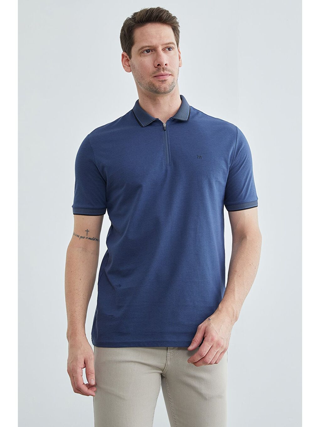 İndigo Yarım Fermuarlı Polo Yaka Tişört-1