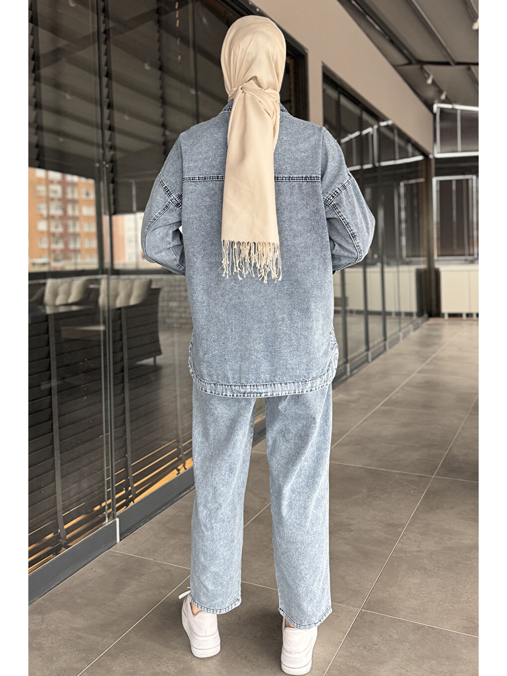 Mavi Kadın Tek Cepli Taş Detaylı Jean Jean Ceket Pantolon Tesettür İkili Takım-6