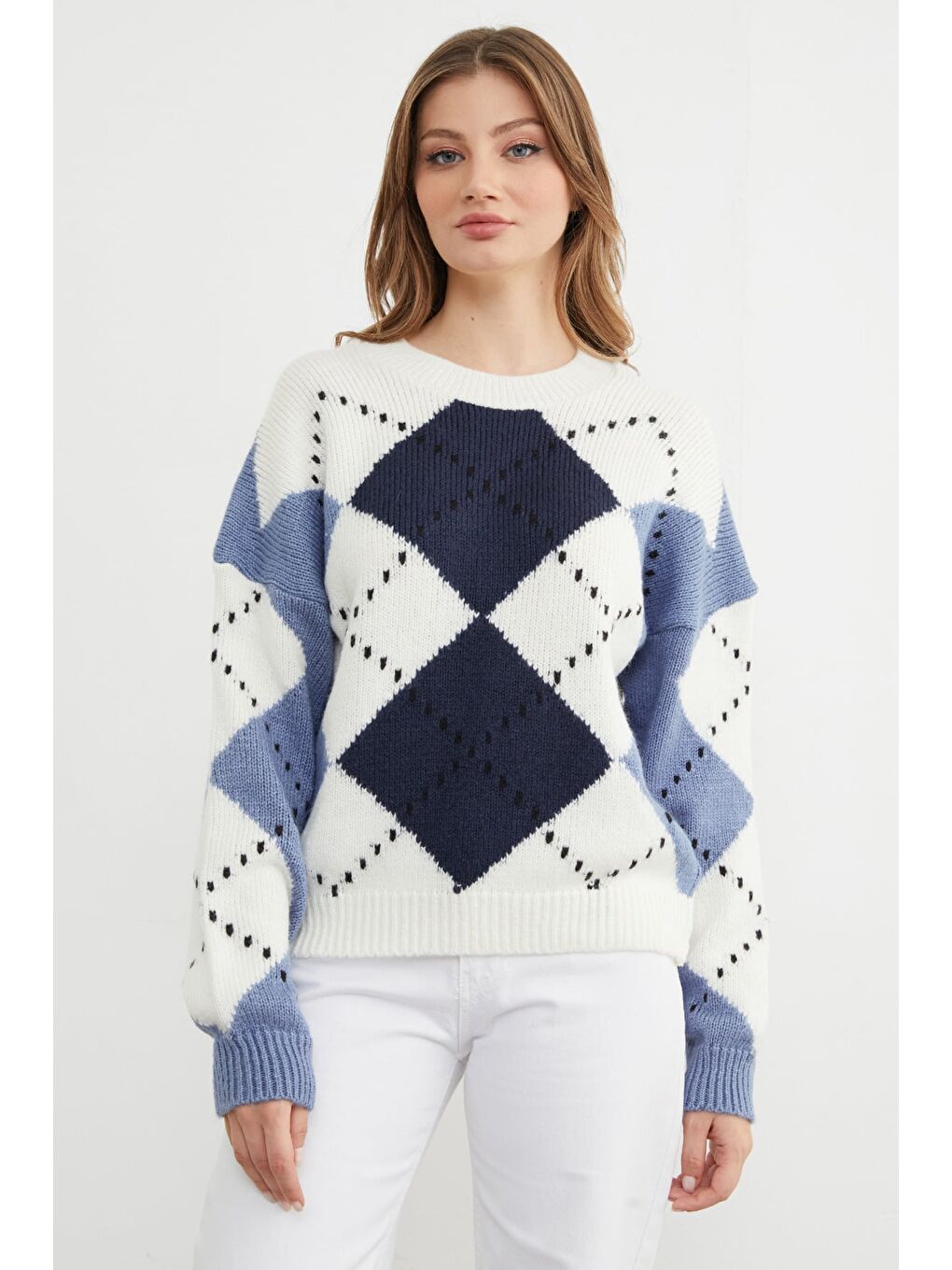 Lacivert Baklava Desenli Bisiklet Yaka Triko Kazak