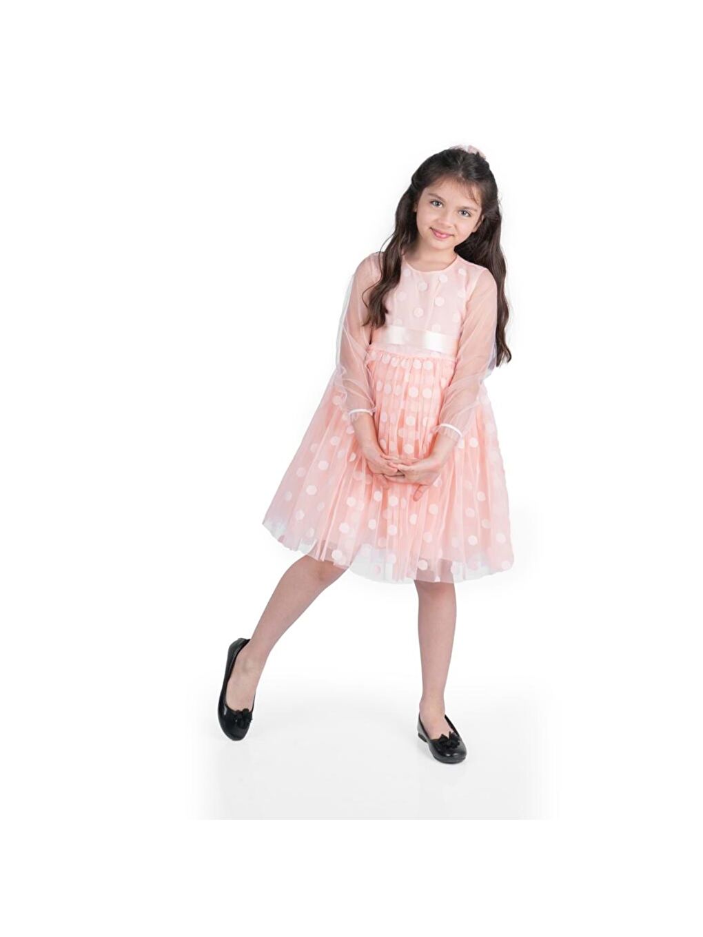 Pembe Prenses İri Puanlı Tokalı Dantel Kumaş Kız Çocuk Elbise MNK0547-1