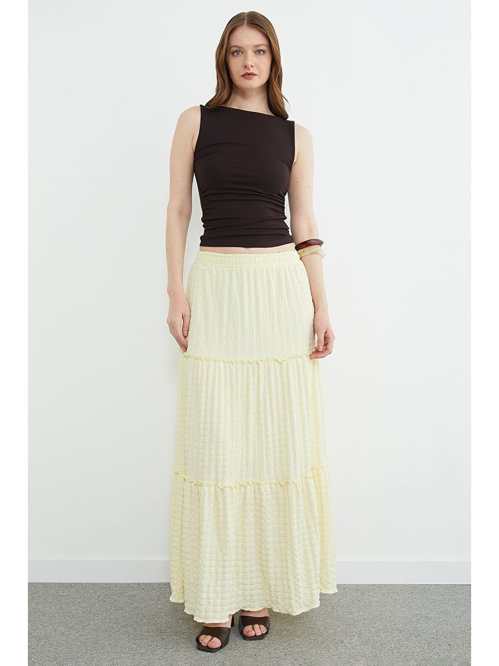 Sarı Beli Lastikli Bürümcük Kumaş Etek-1