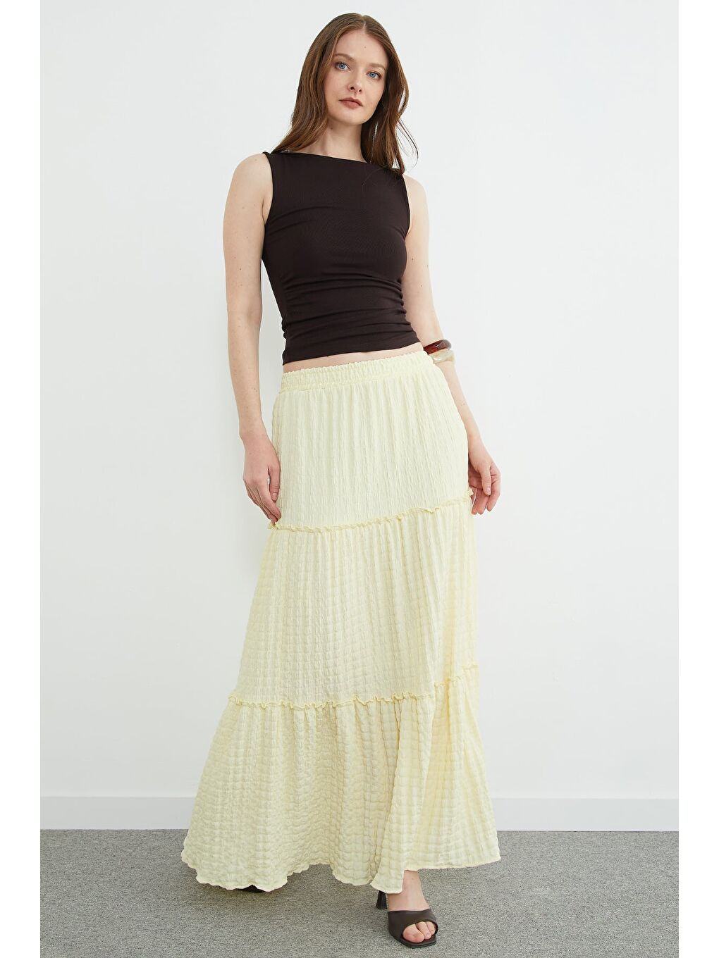 Sarı Beli Lastikli Bürümcük Kumaş Etek-2