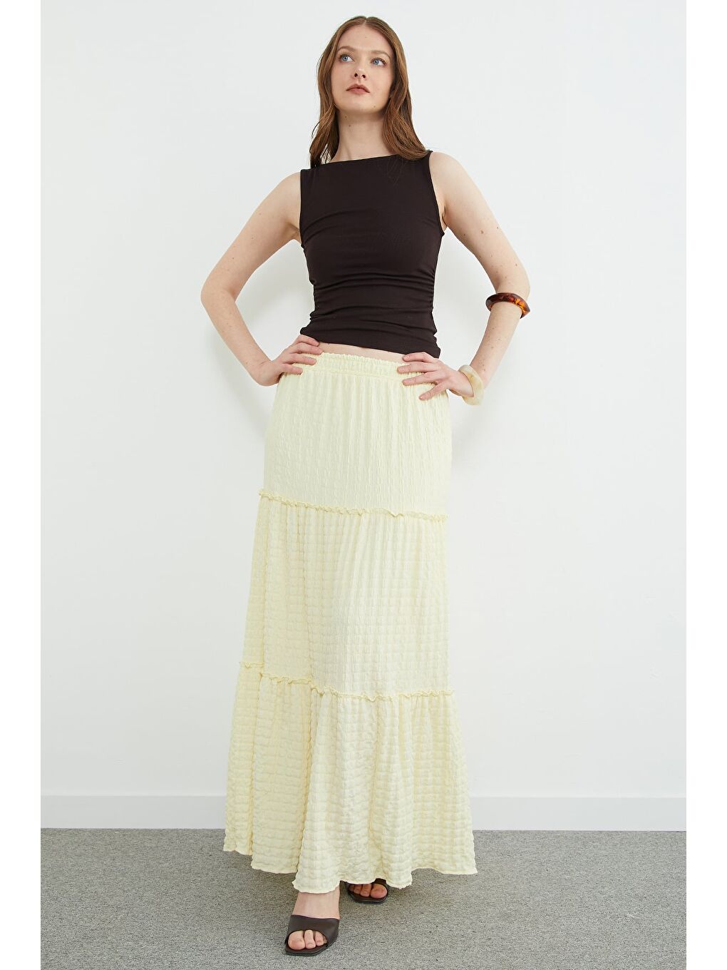 Sarı Beli Lastikli Bürümcük Kumaş Etek-3