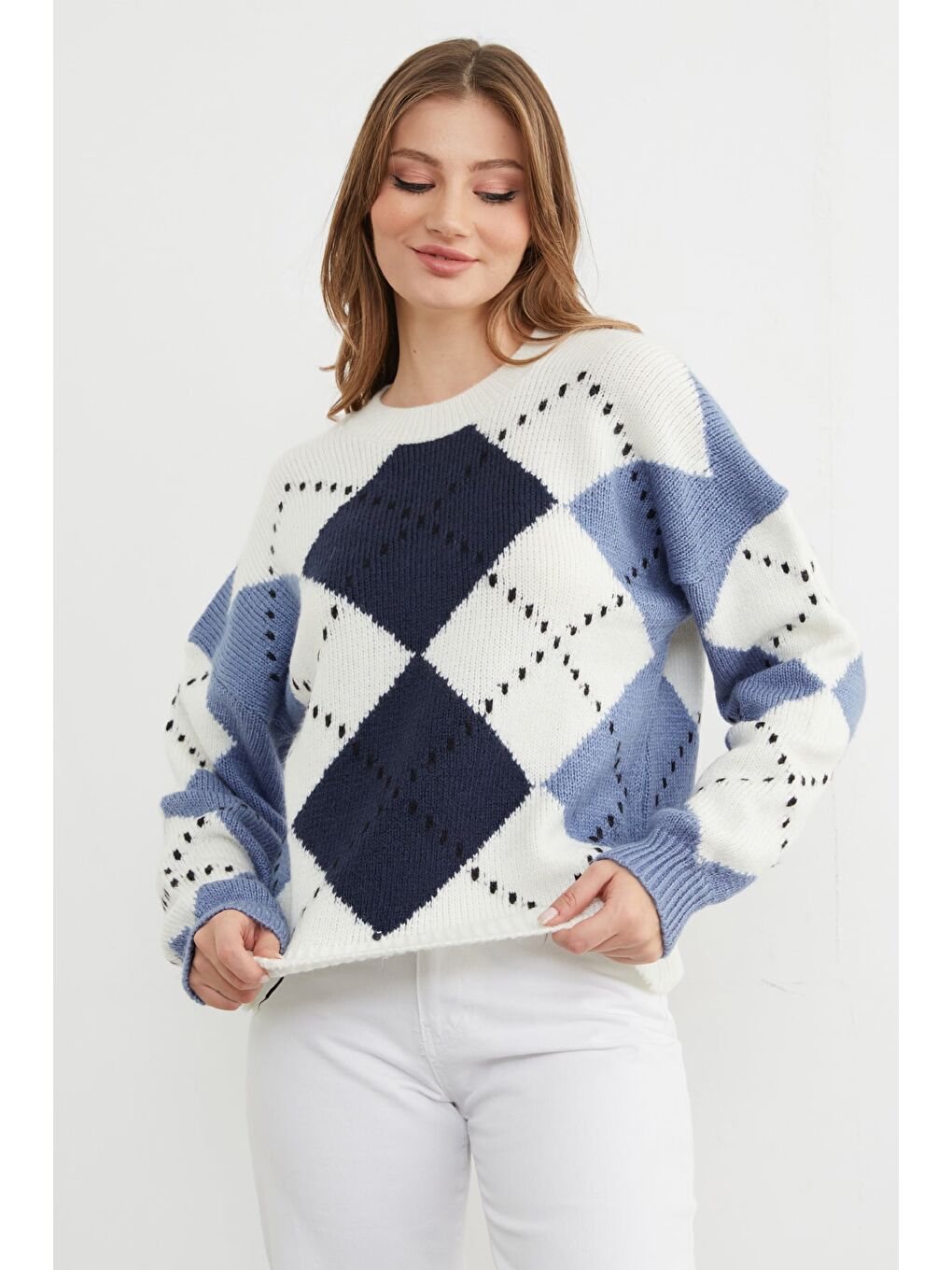 Lacivert Baklava Desenli Bisiklet Yaka Triko Kazak-1