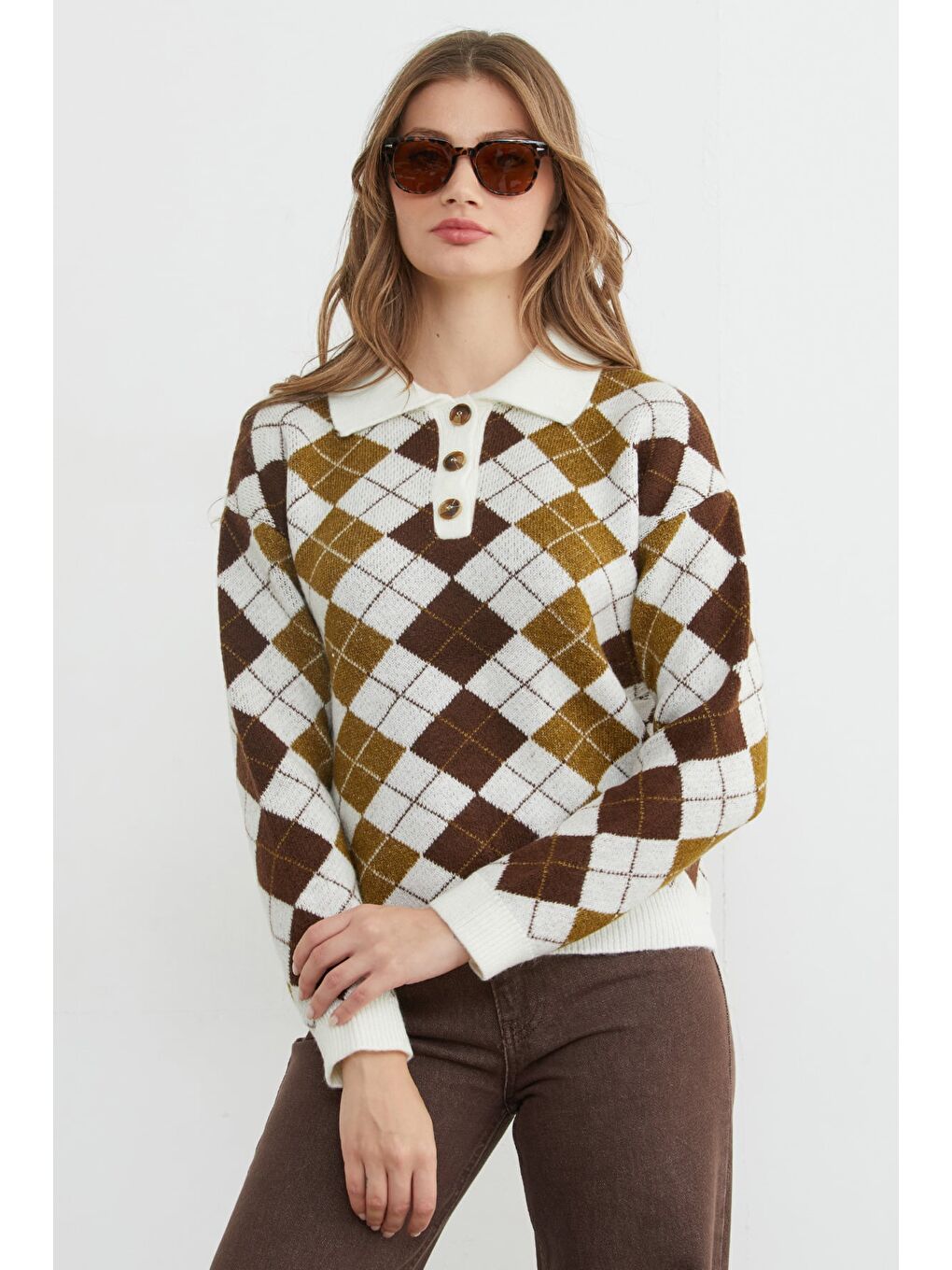 Yeşil Baklava Desenli Yarım Düğmeli Polo Yaka Triko Kazak