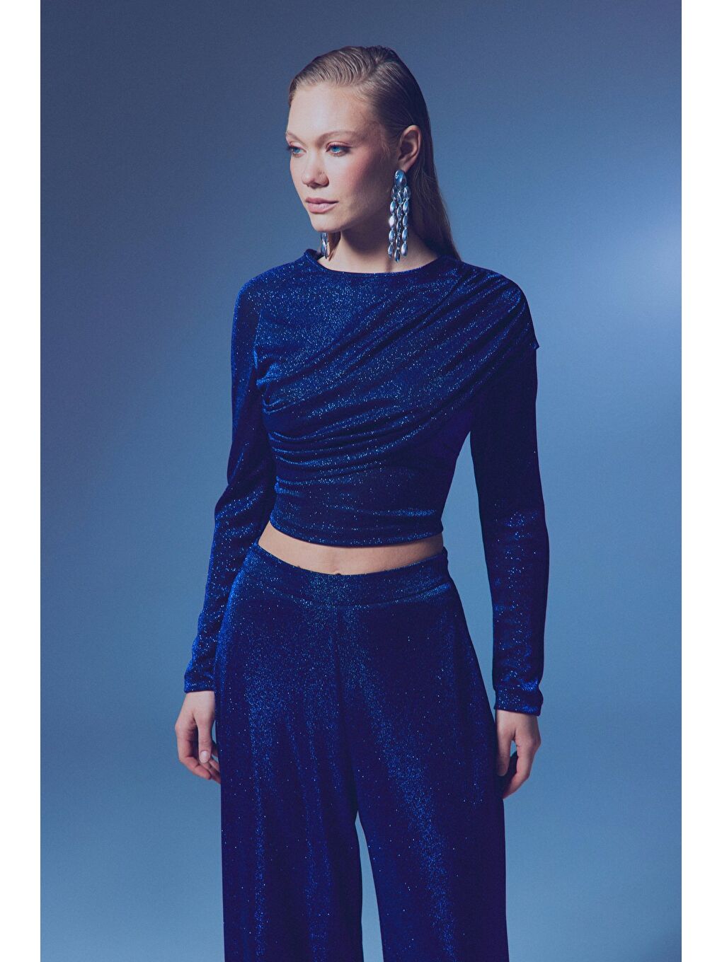 Büzgü Detaylı Simli Bluz - Sax Mavi-1