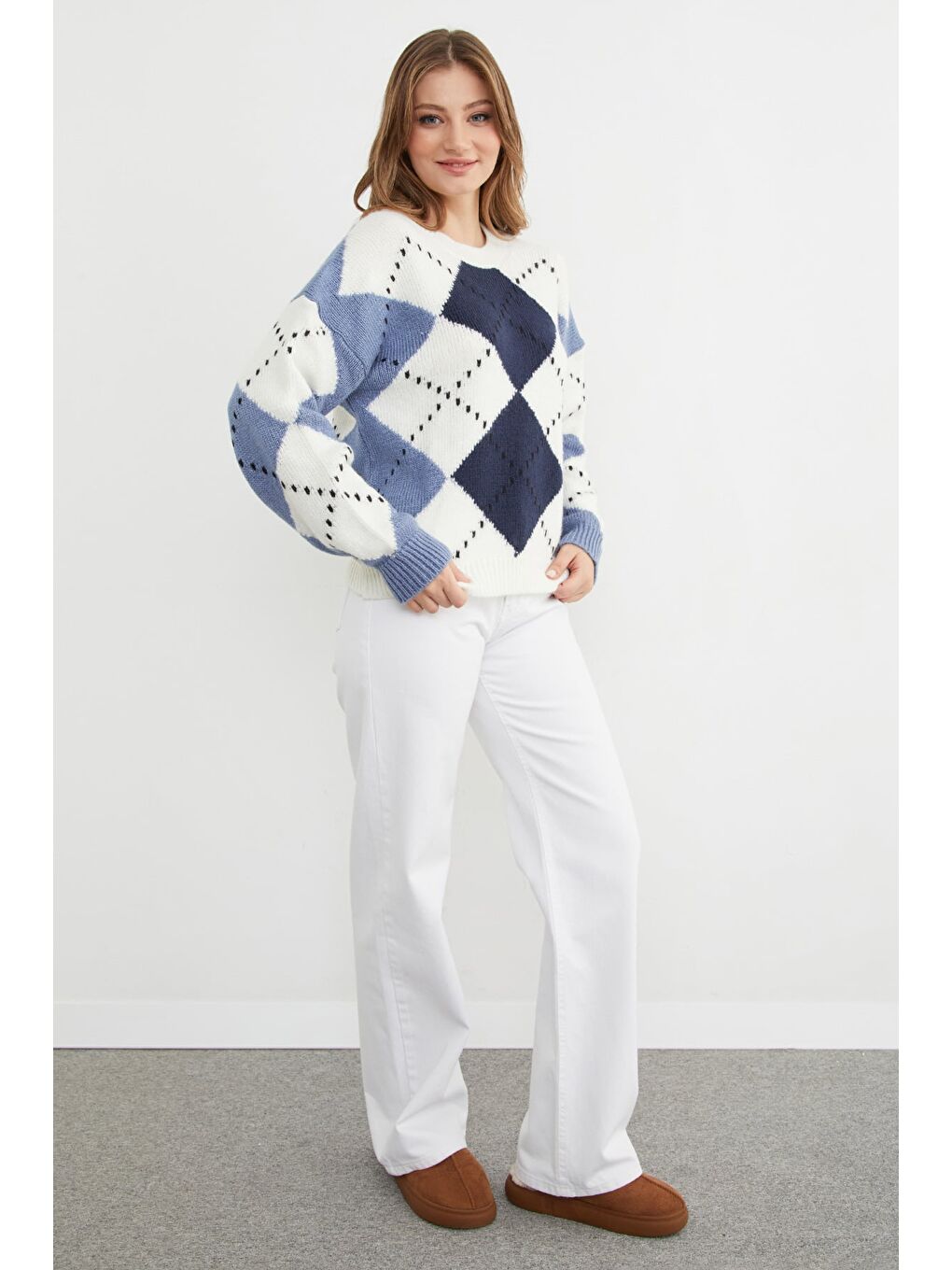 Lacivert Baklava Desenli Bisiklet Yaka Triko Kazak-2