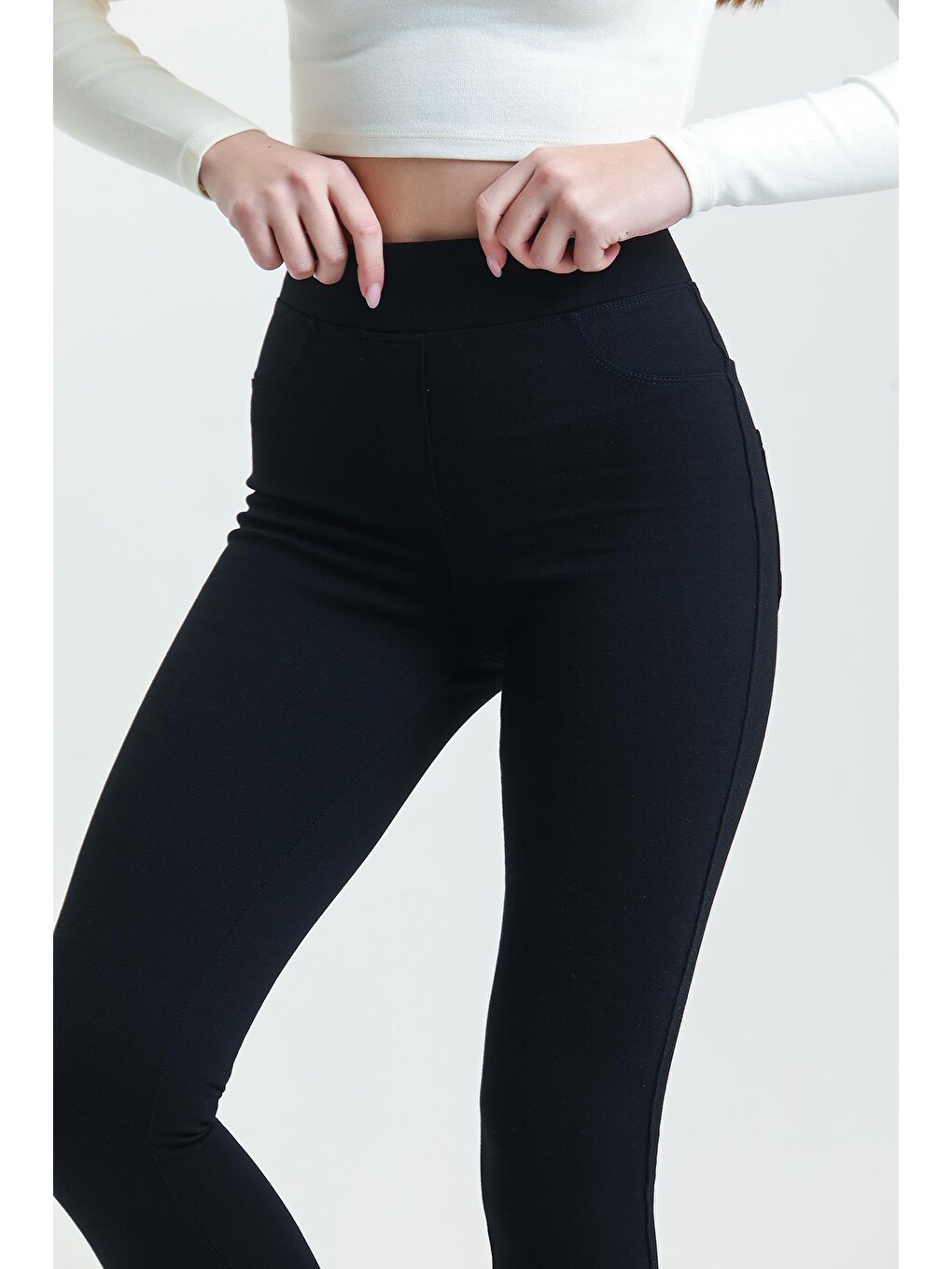 Yüksek Bel Toparlayıcı Skinny Siyah Kadın Cep Dikişli Çelik Örme Tayt Pantolon @Granada-1