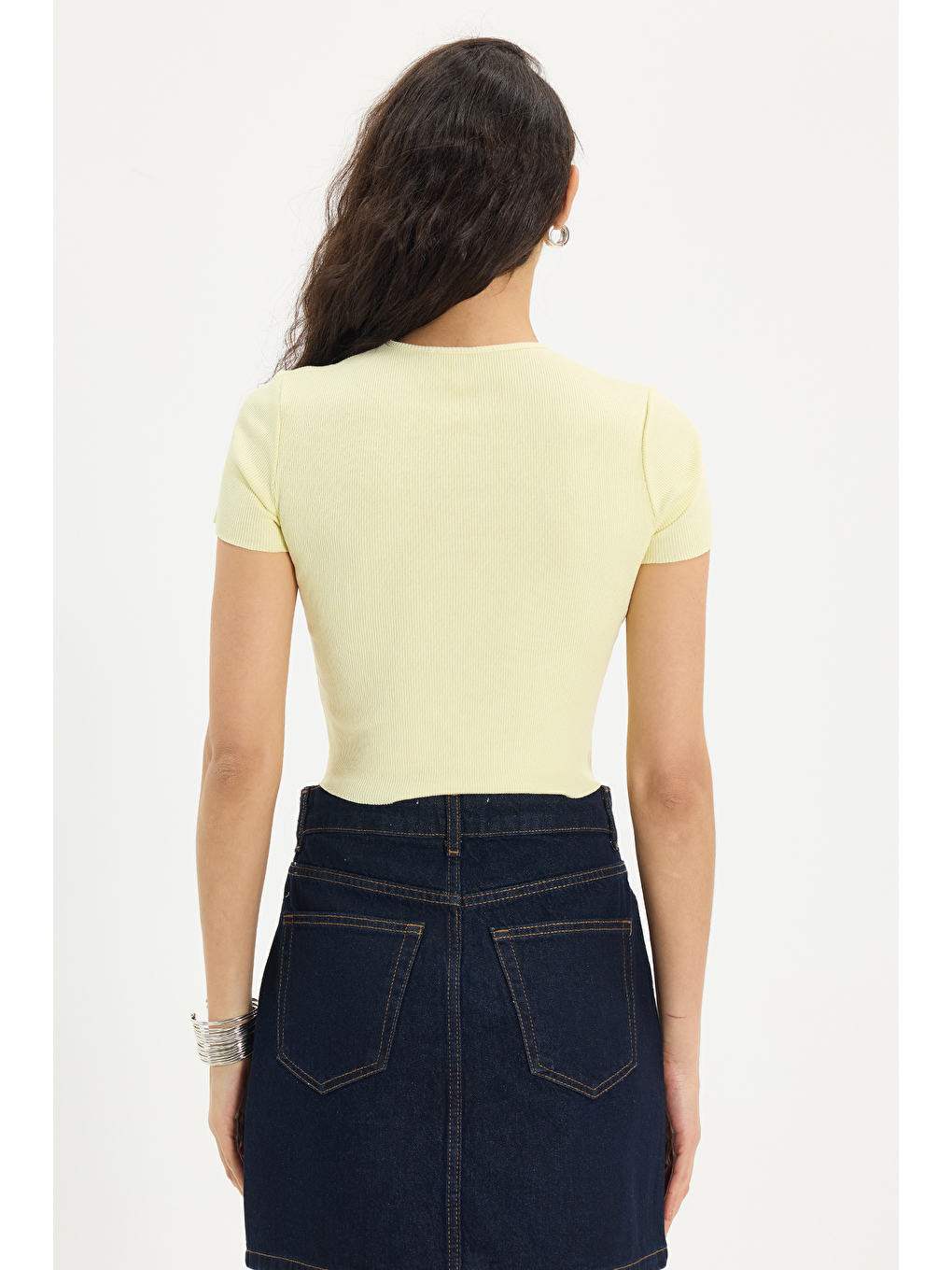 Kadın Slim Fit Dar Kesim %100 Pamuk Kısa Kollu Bisiklet Yaka Yeşil Crop-5