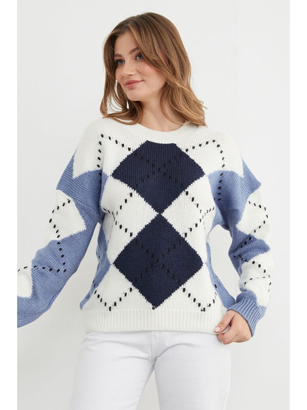 Lacivert Baklava Desenli Bisiklet Yaka Triko Kazak-3