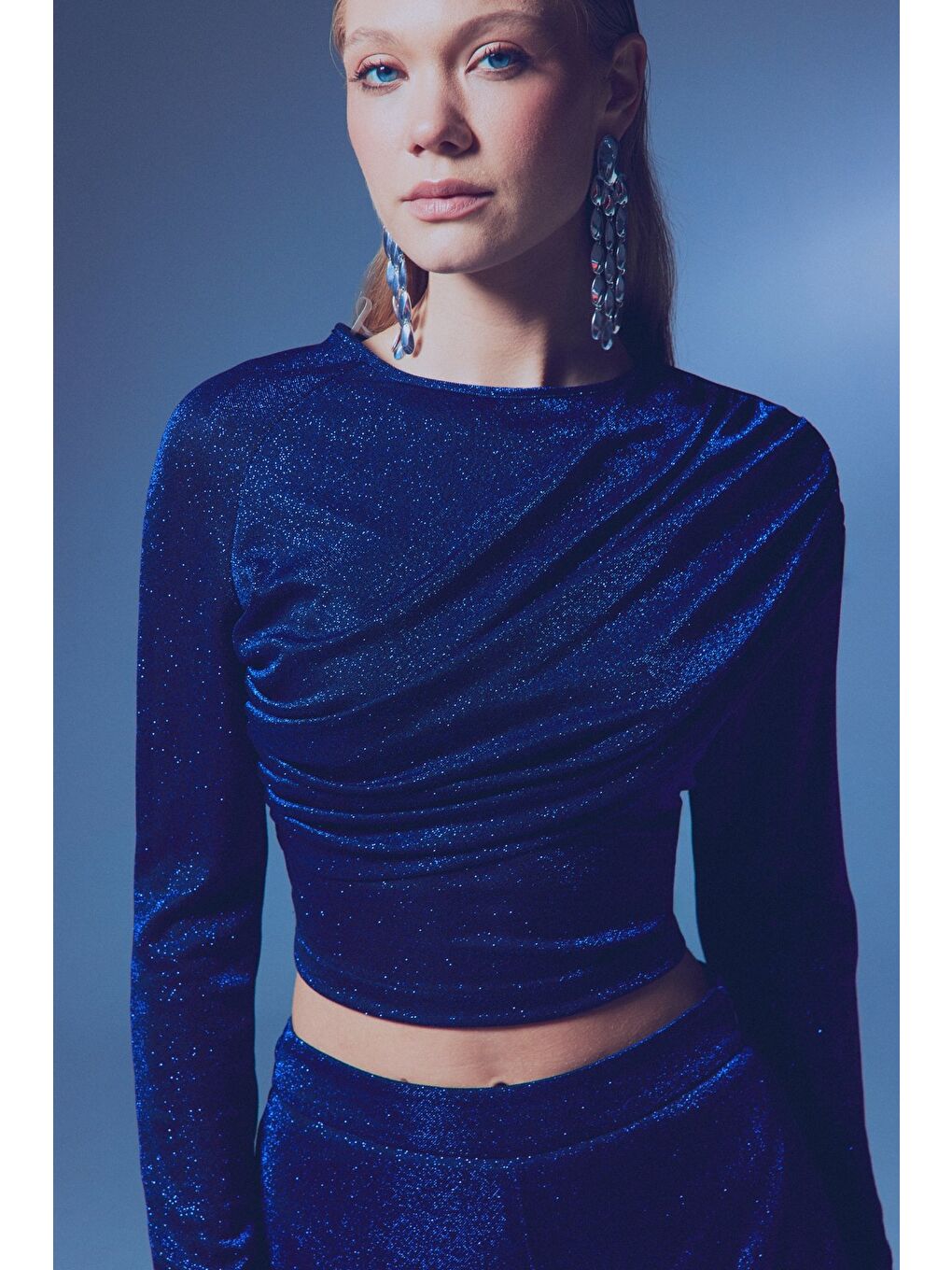 Büzgü Detaylı Simli Bluz - Sax Mavi-5