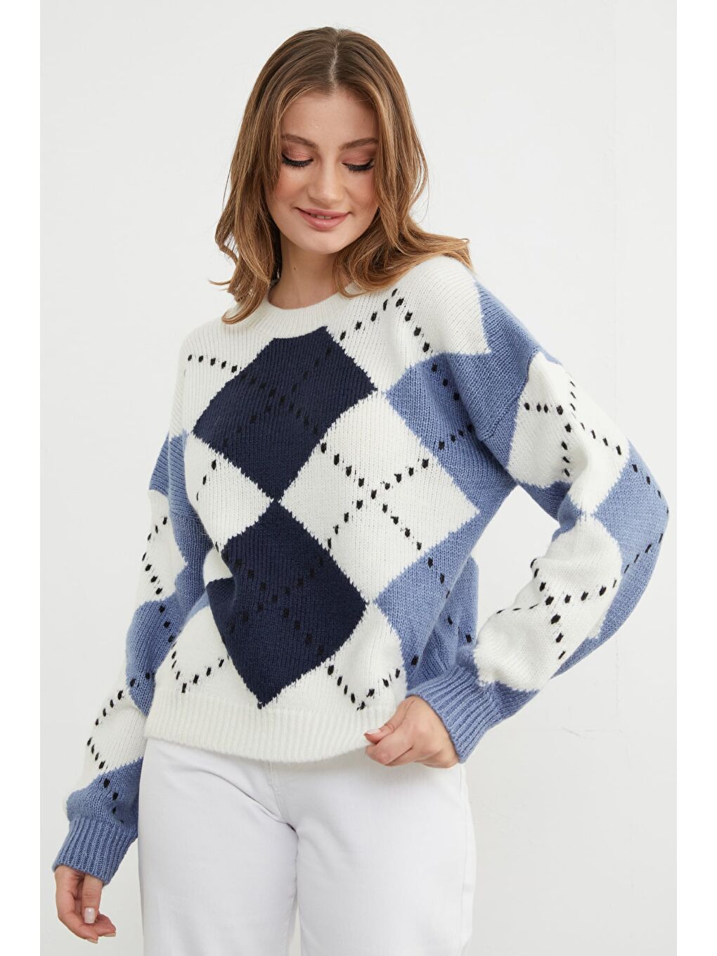 Lacivert Baklava Desenli Bisiklet Yaka Triko Kazak-4