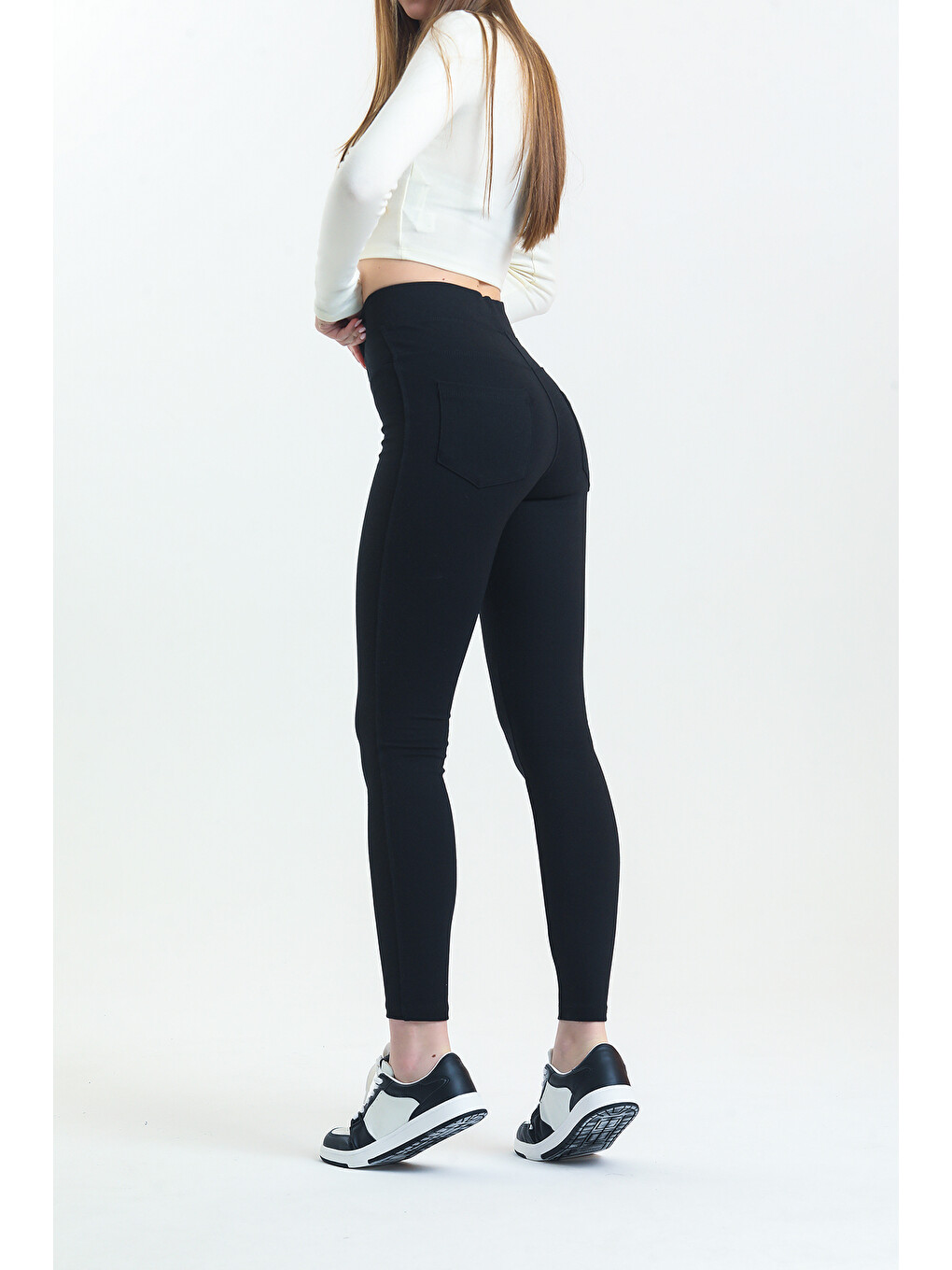 Yüksek Bel Toparlayıcı Skinny Siyah Kadın Cep Dikişli Çelik Örme Tayt Pantolon @Granada-3
