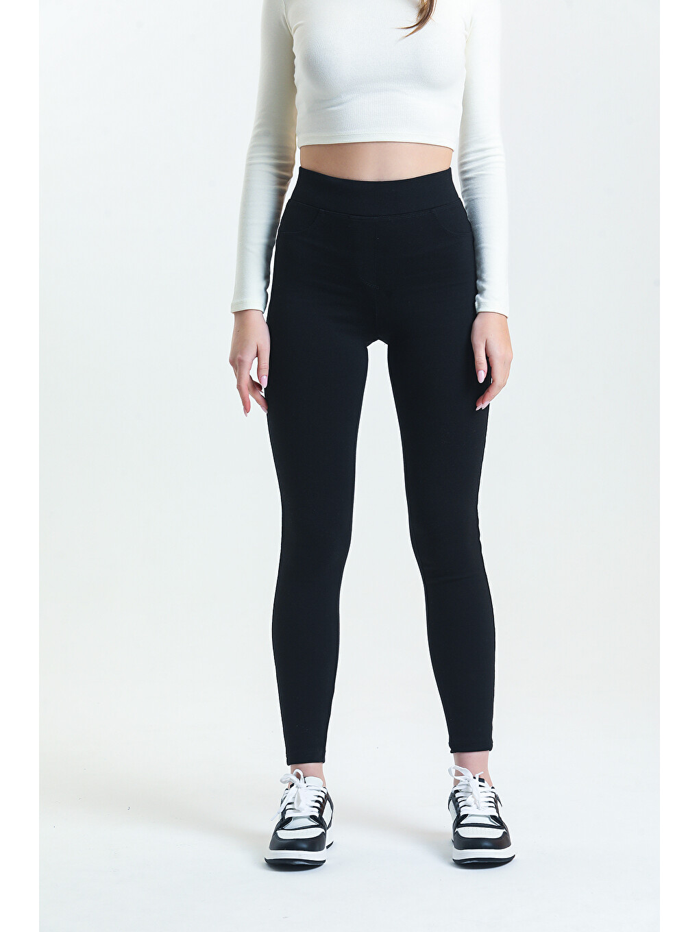 Yüksek Bel Toparlayıcı Skinny Siyah Kadın Cep Dikişli Çelik Örme Tayt Pantolon @Granada-4
