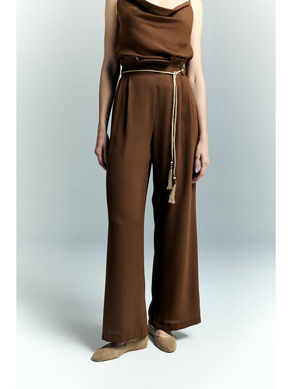 Kahverengi Kemer Detaylı Pantolon - Kahve-3