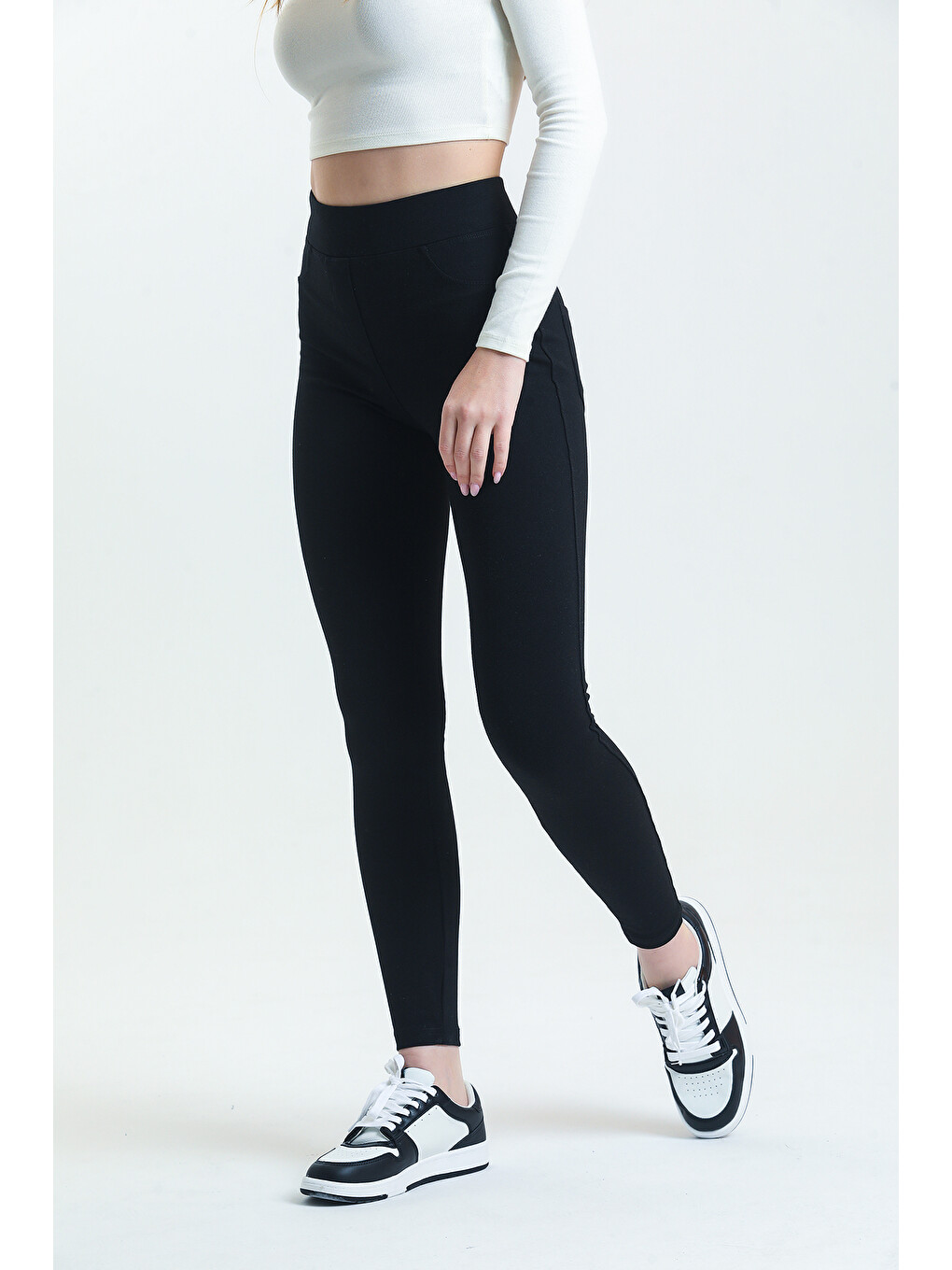 Yüksek Bel Toparlayıcı Skinny Siyah Kadın Cep Dikişli Çelik Örme Tayt Pantolon @Granada-5
