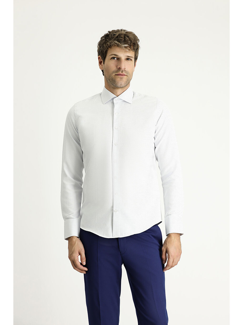 Mavi Uzun Kol Slim Fit Dar Kesim Klasik Desenli Pamuklu Kolay Ütülenebilir Gömlek-2