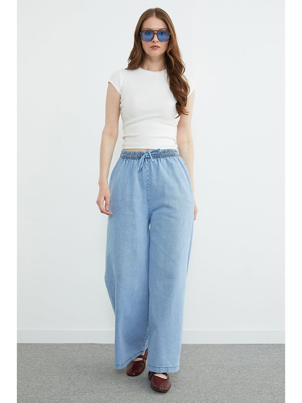 Mavi Beli Bağcıklı Wide Leg Jean-1