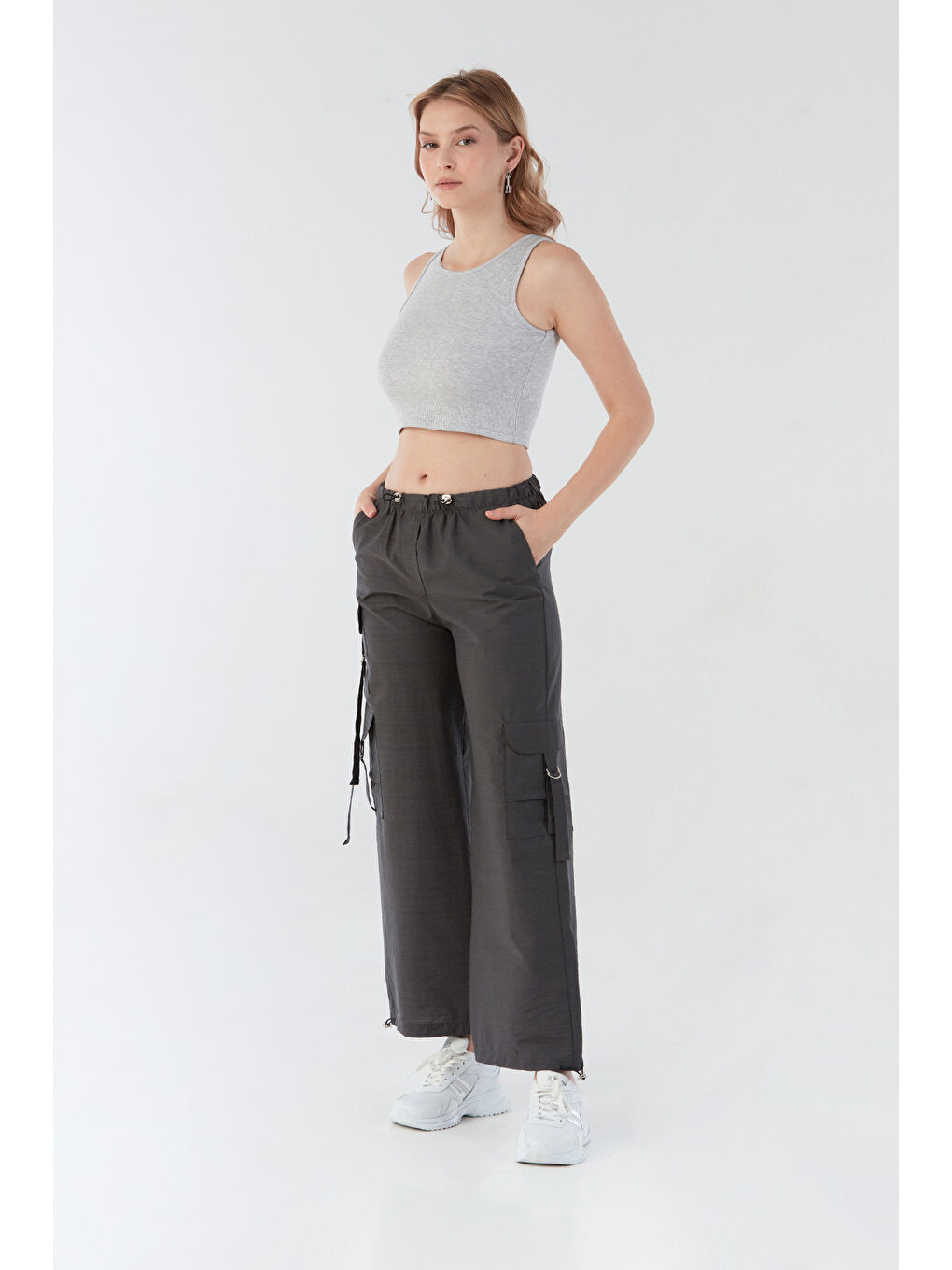 Antrasit Beli Lastikli Paraşüt Kumaş Pantolon-1