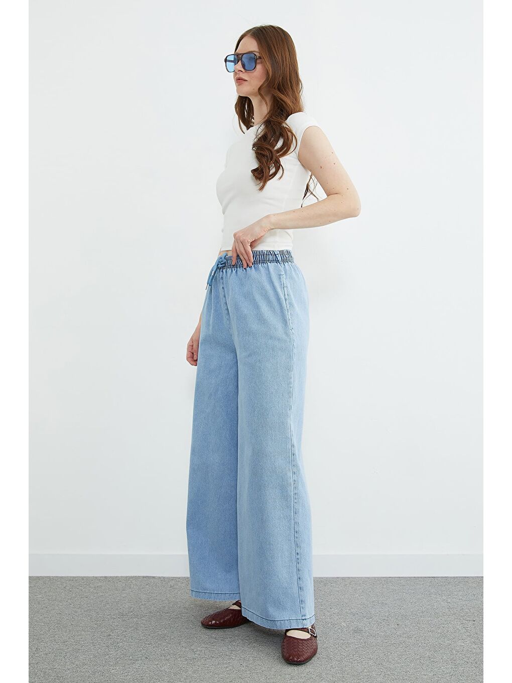 Mavi Beli Bağcıklı Wide Leg Jean-2