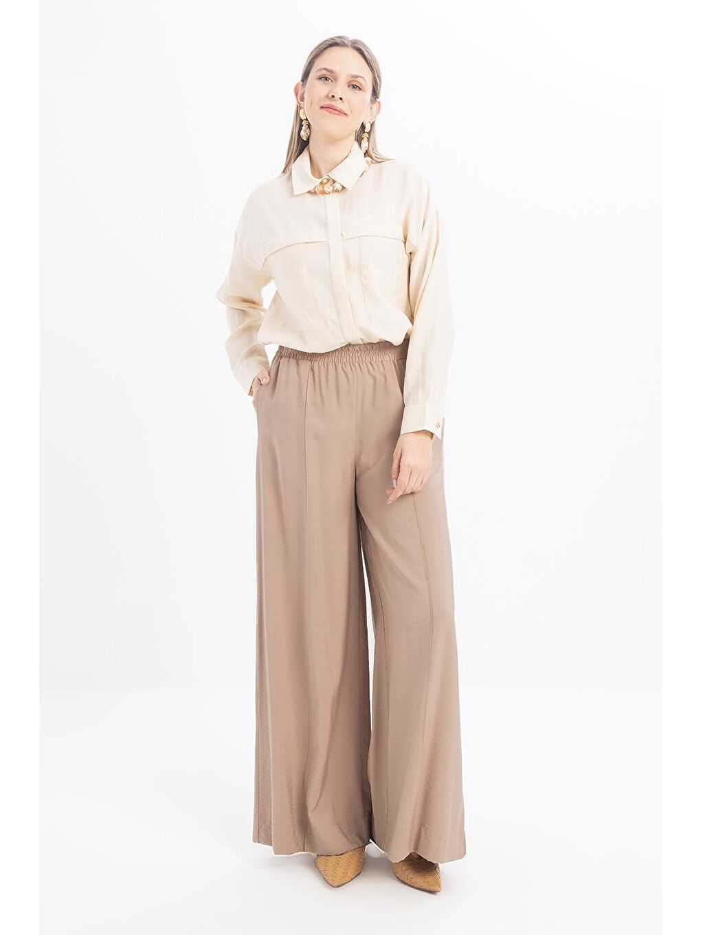 Bej Vizon-Beli Lastikli Geniş Paça Pantolon