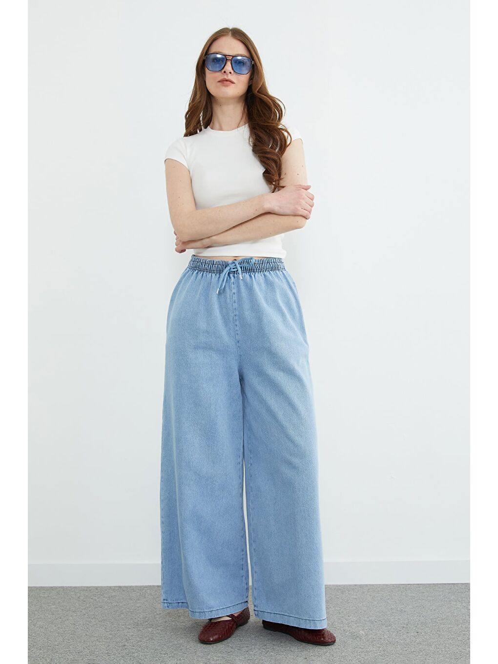 Mavi Beli Bağcıklı Wide Leg Jean-3
