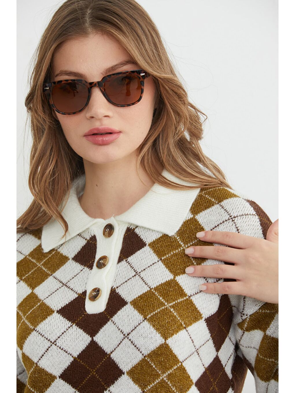 Yeşil Baklava Desenli Yarım Düğmeli Polo Yaka Triko Kazak-3