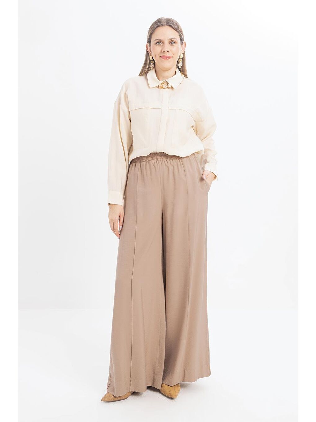 Bej Vizon-Beli Lastikli Geniş Paça Pantolon-1