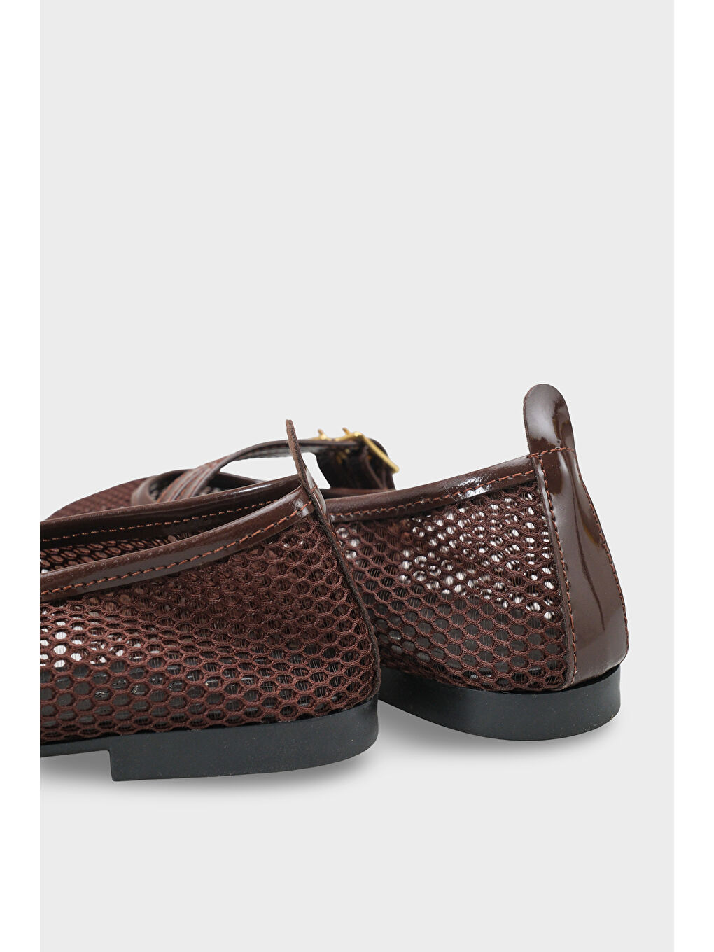 Kahverengi June Tokalı Çift Bantlı Fileli Yuvarlak Burunlu Düz Topuklu Günlük Kadın Babet-3