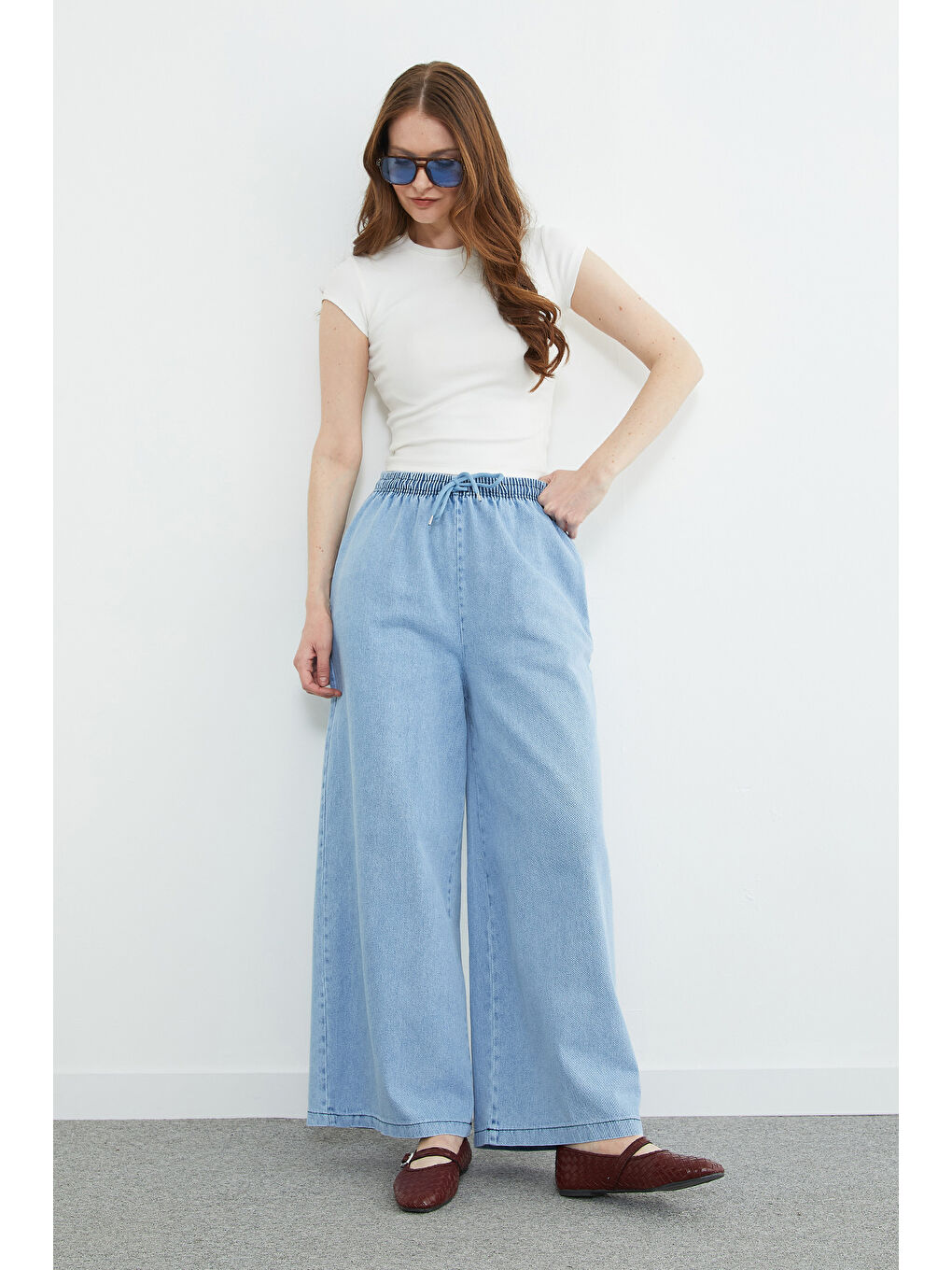 Mavi Beli Bağcıklı Wide Leg Jean-4