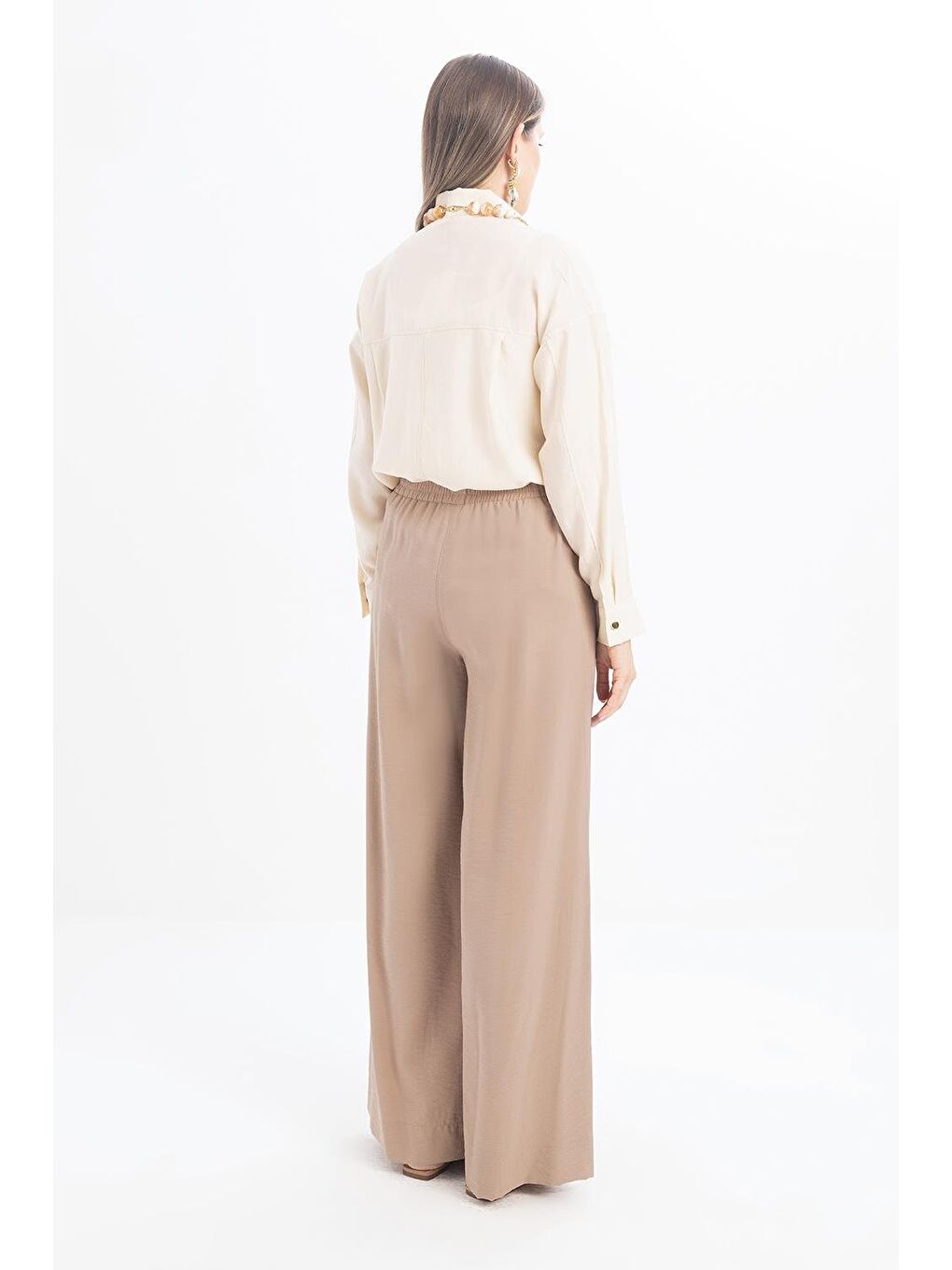 Bej Vizon-Beli Lastikli Geniş Paça Pantolon-2