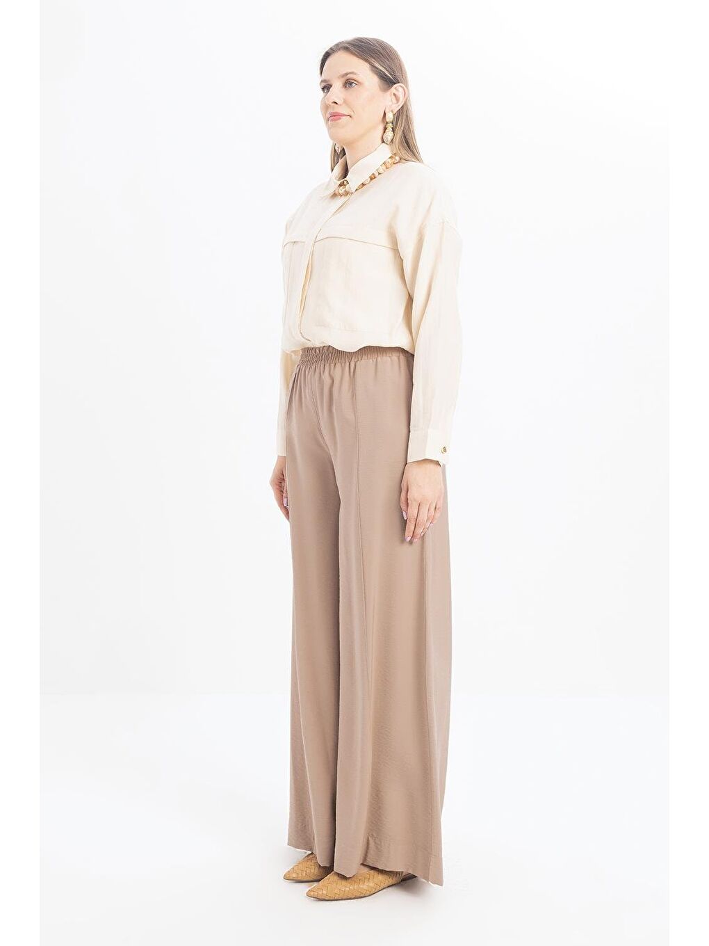 Bej Vizon-Beli Lastikli Geniş Paça Pantolon-3