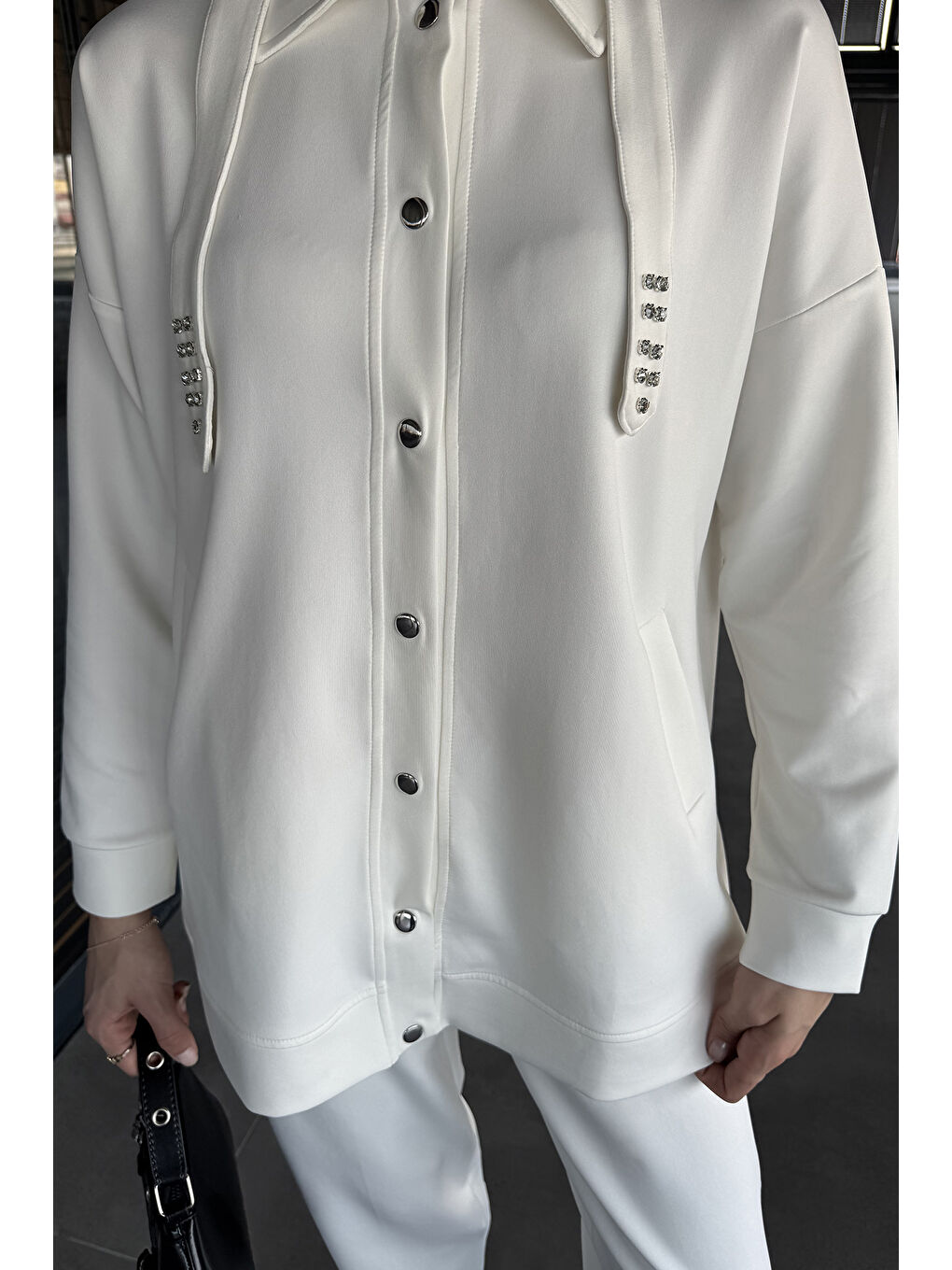 Ekru Taş Detaylı Çıtçıt Detaylı Tunik Pantolon Tesettür İkili Takım-4