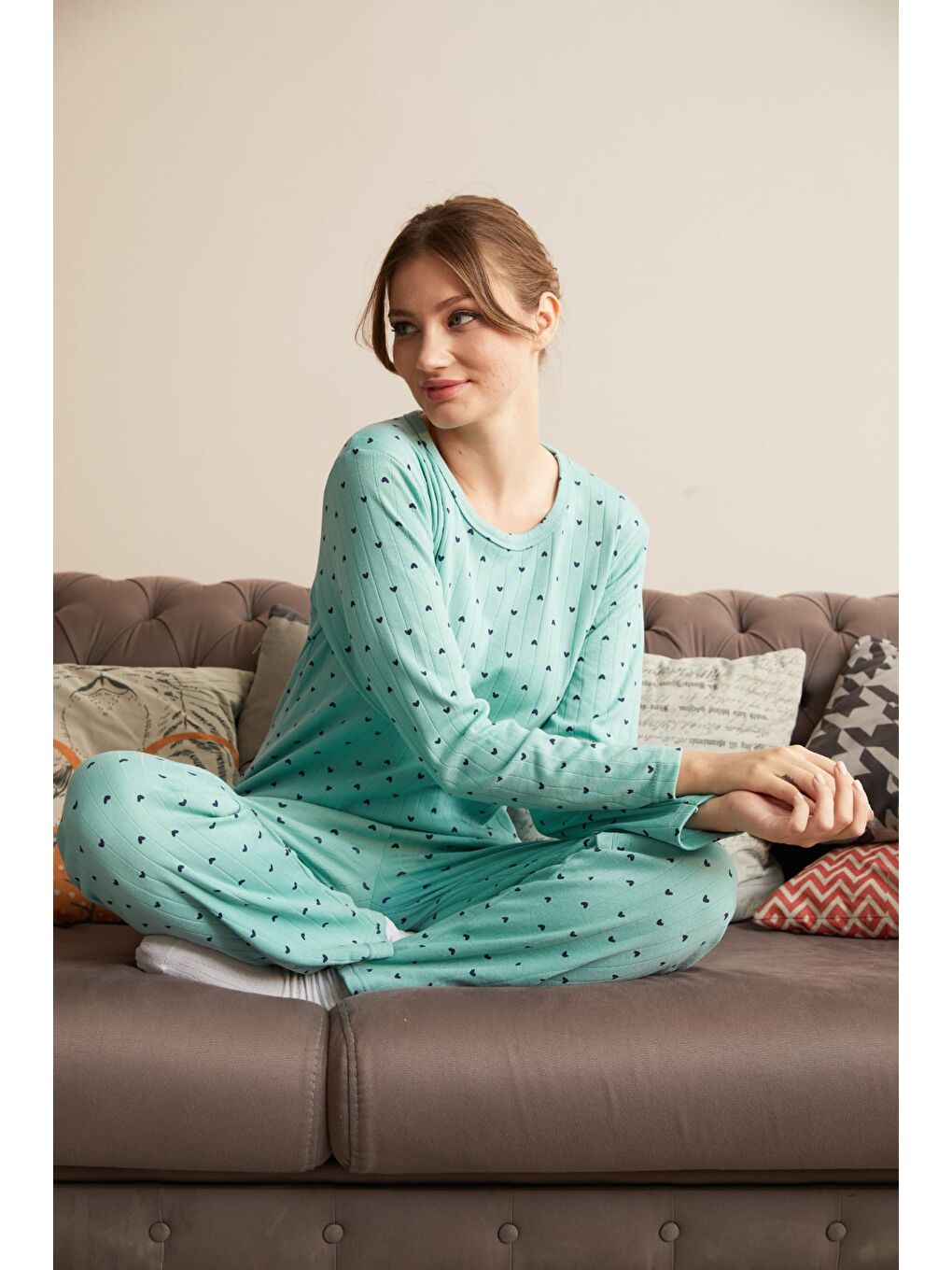 Yeşil Büyük Beden Kalp Ve Yıldız Desenli Pijama Takımı-2