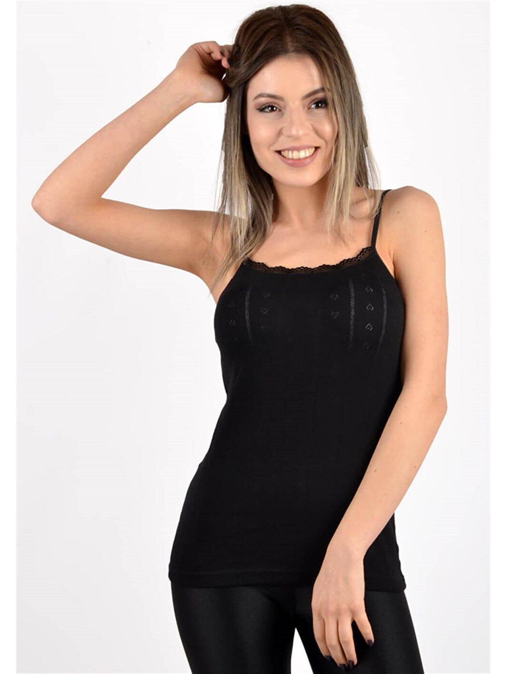 6'lı Kadın Siyah % 100 Pamuklu Jakarlı İp Askılı Atlet