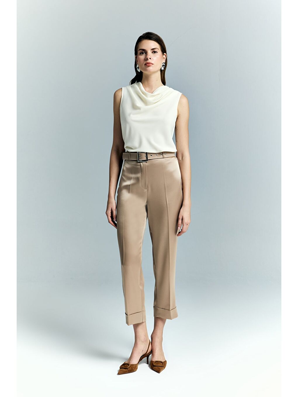 Bej Lisa Saten Duble Paça Pantolon - Vizon