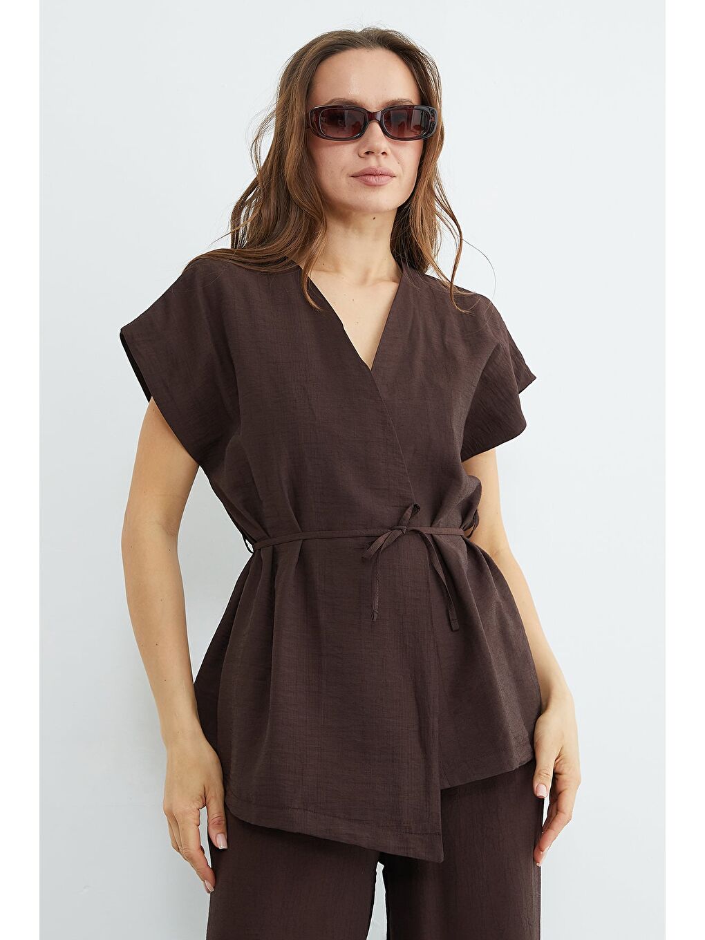 Kahverengi Beli Bağlamalı Düşük Kol Yelekli Krinkıl 2 Li Takım-3